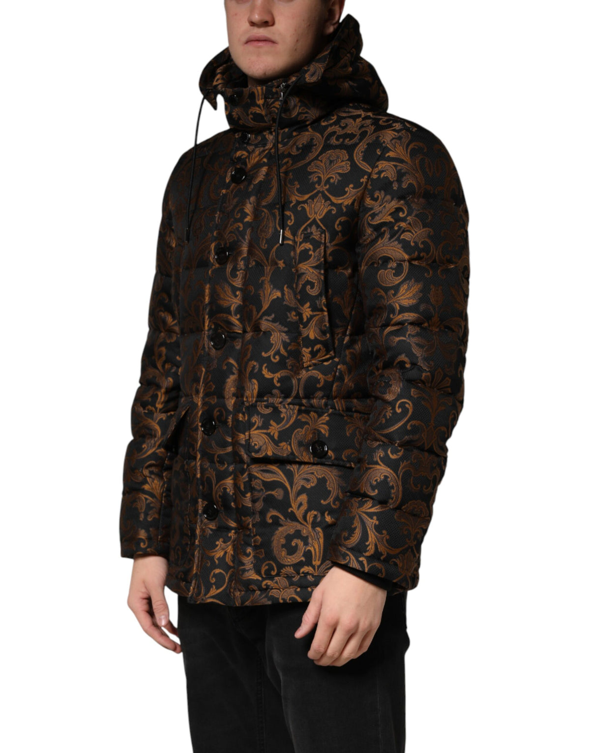 New Dolce & Gabbana Black Floral Jacquard Quilted Hooded Jacket