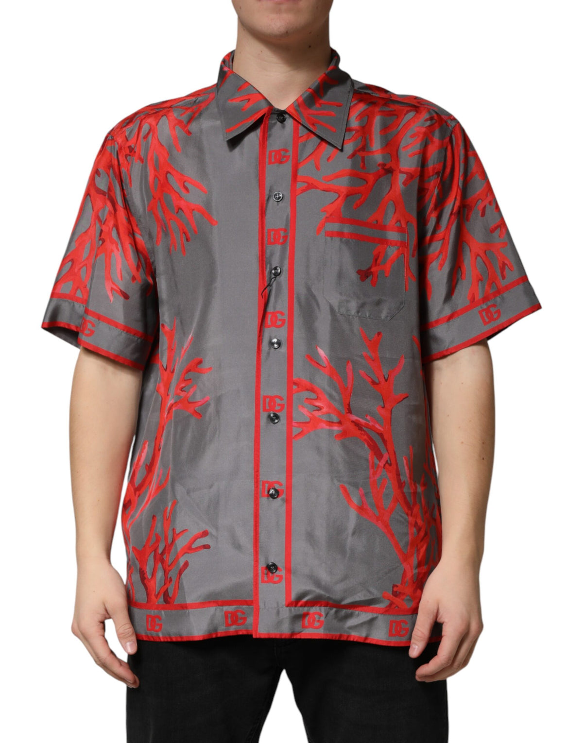 New Dolce & Gabbana Gray Red Corals Short Sleeves Casual Shirt