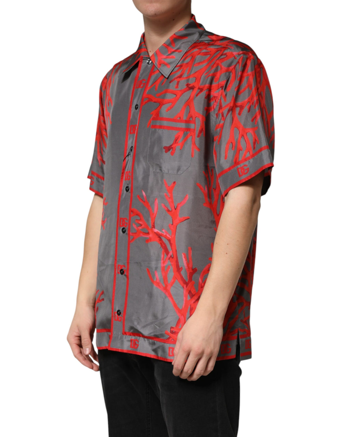 New Dolce & Gabbana Gray Red Corals Short Sleeves Casual Shirt