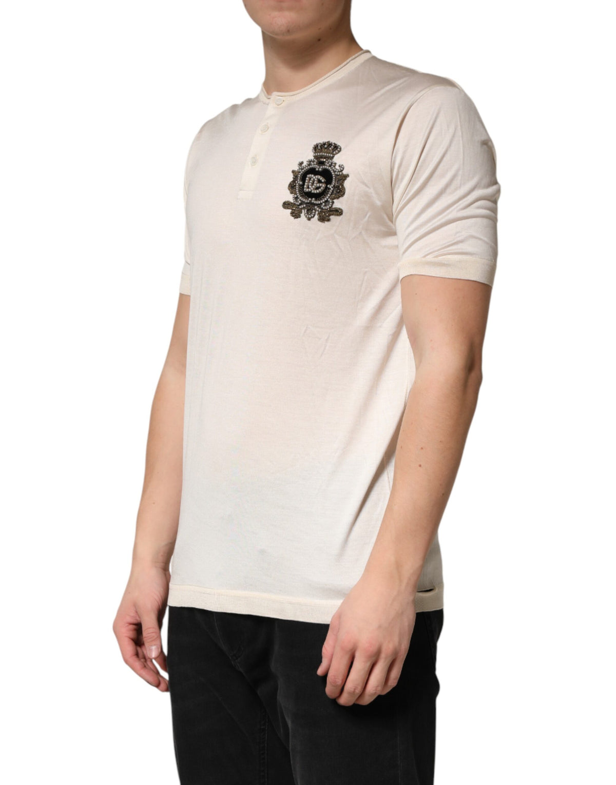 Dolce & Gabbana Off White Silk Logo Patch Men Henley T-shirt
