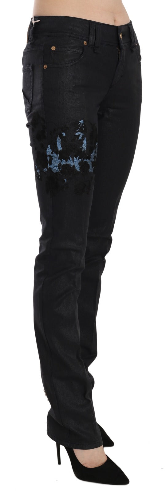 New John Galliano Black Swan Floral Embroidered Mid Waist Skinny Denim Jeans