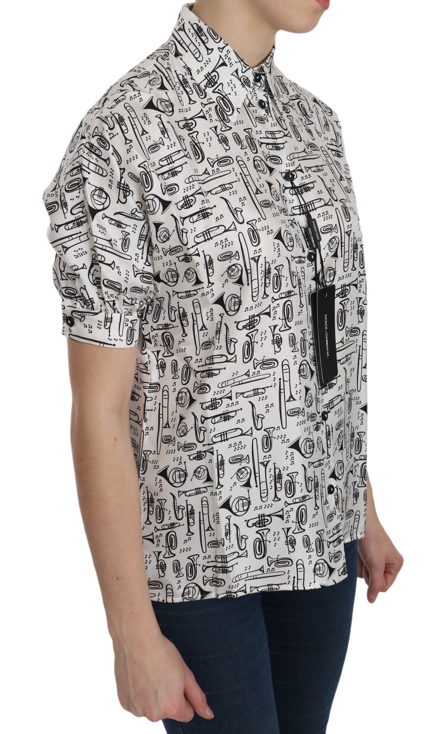Dolce & Gabbana White Musical Instrument Collared Blouse Shirt
