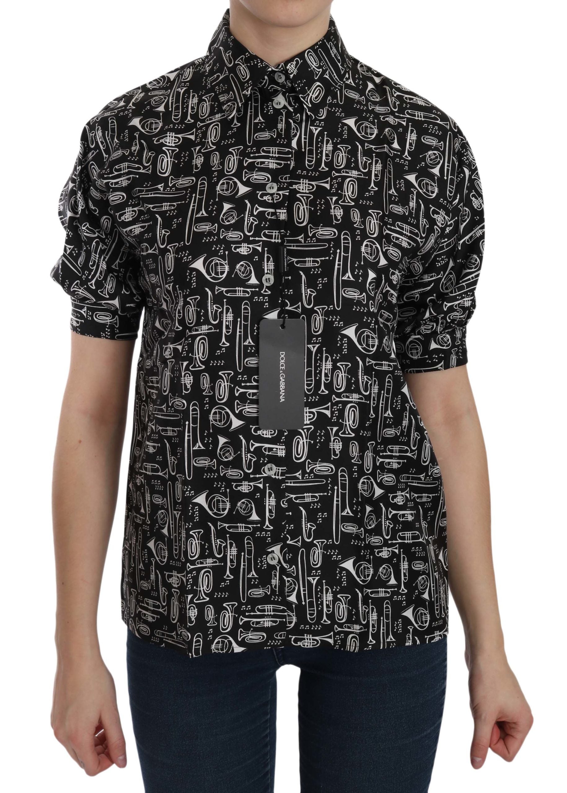 New Dolce & Gabbana Black Musical Instrument Collared Blouse Shirt
