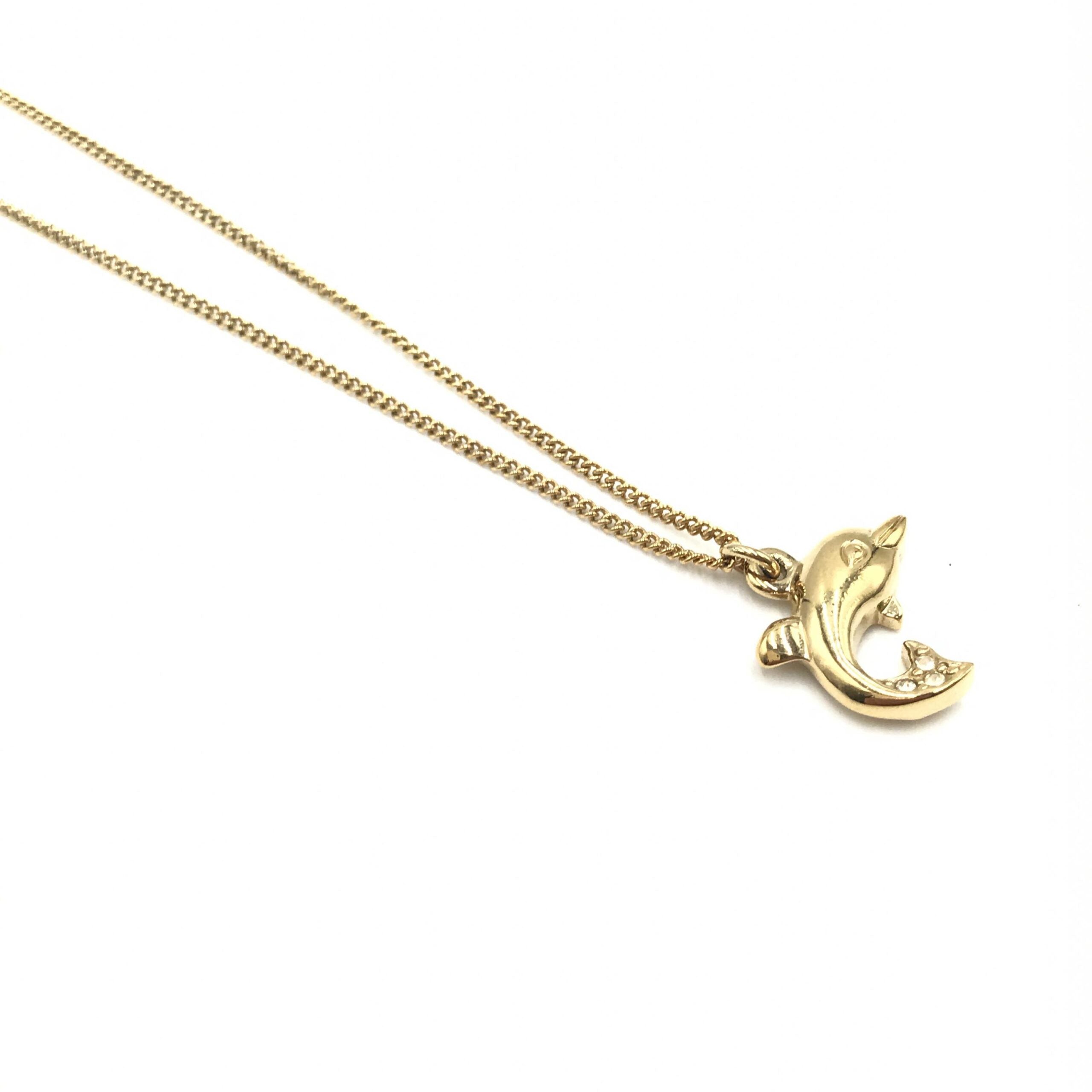 Pre-Owned Christian Dior Dolphin Motif Rhinestone Gold Plated Necklace Gold Women's AB (Very Good — between Lightly Used and Used)