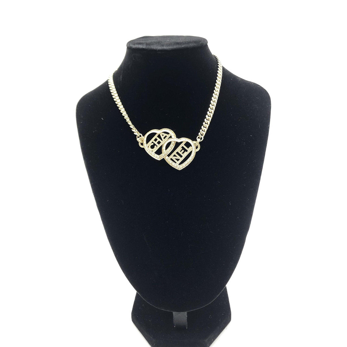 Chanel Gold Tone Heart Choker Necklace With Logo