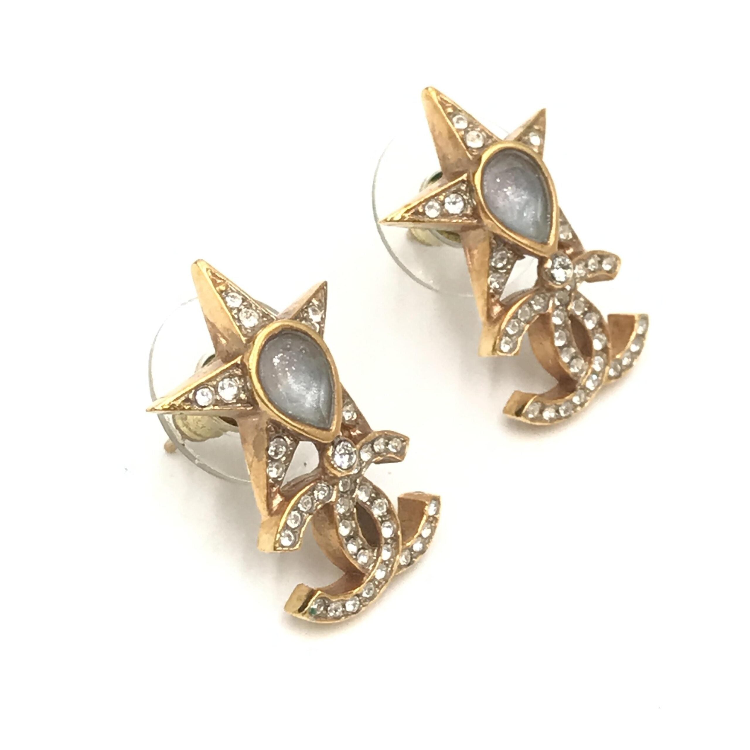 Pre-Owned Chanel Gold Plated Star Coco Mark Earrings With Rhinestones Gold, Silver Women's AB (Very Good — between Lightly Used and Used)