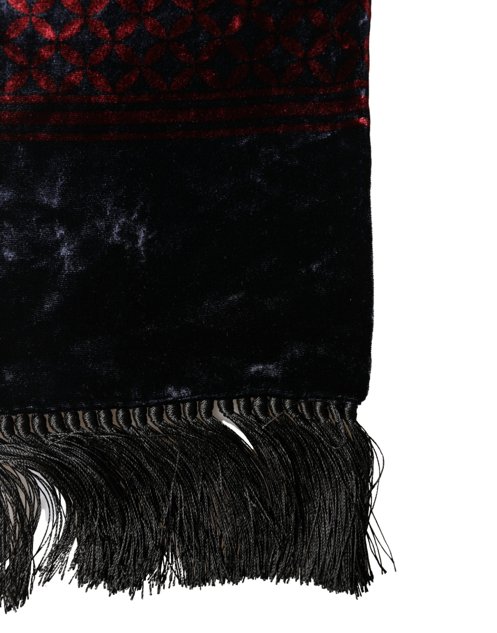 New Dolce & Gabbana Black Red Rayon Geometric Pattern Fringe 140cm X 16cm Scarf
