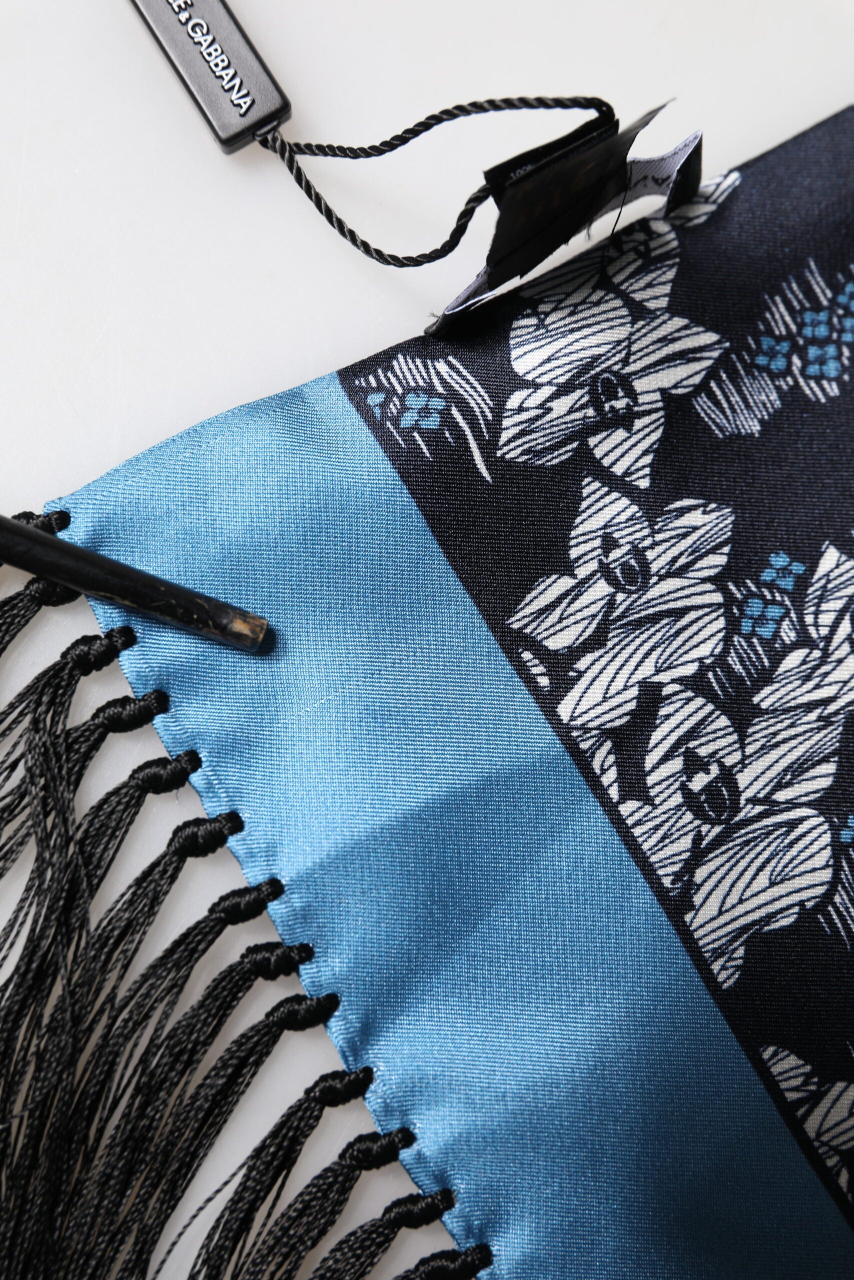 Dolce & Gabbana Black Blue Silk Floral Pattern Fringe 140cm x 16cm Scarf