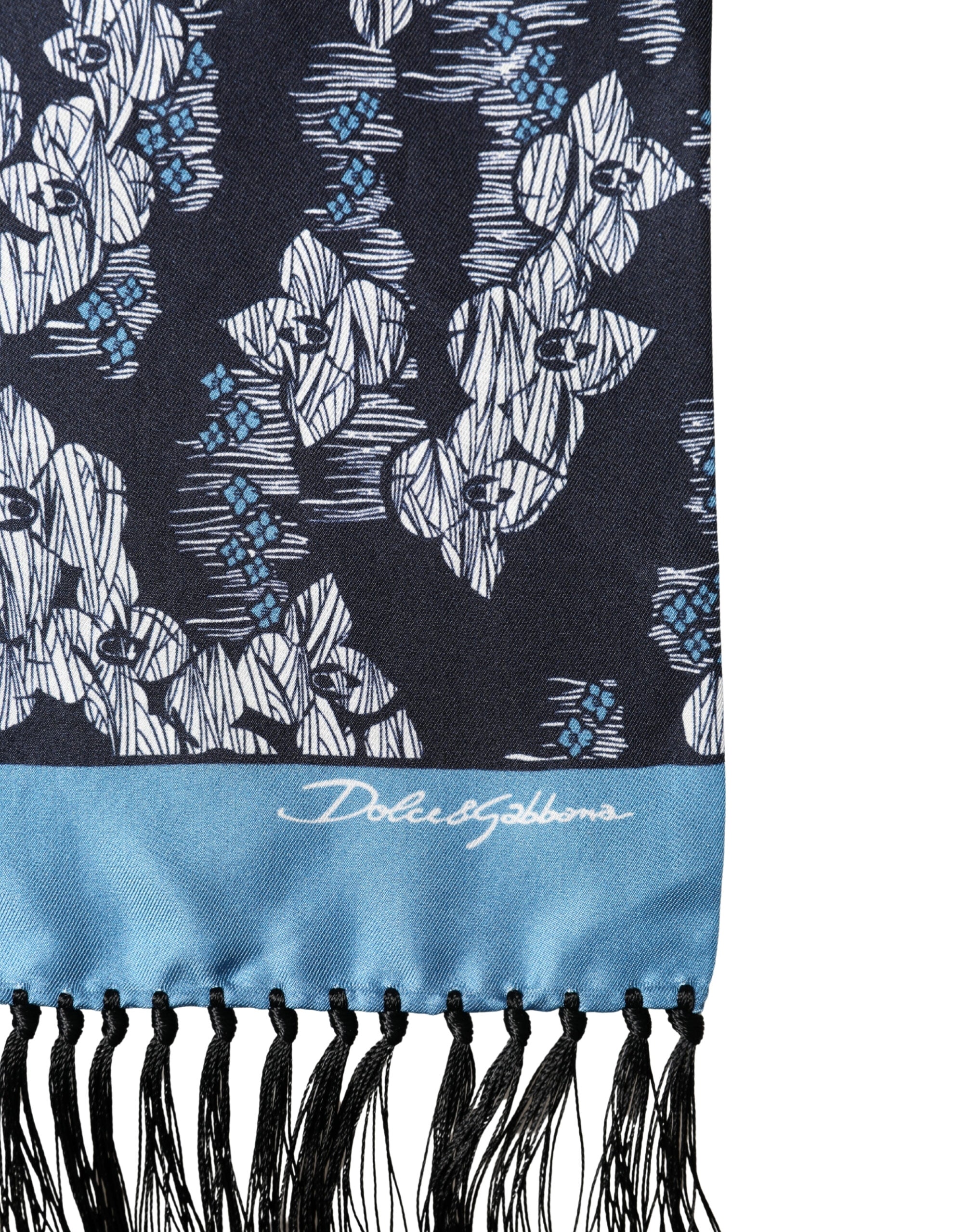 Dolce & Gabbana Black Blue Silk Floral Pattern Fringe 140cm x 16cm Scarf