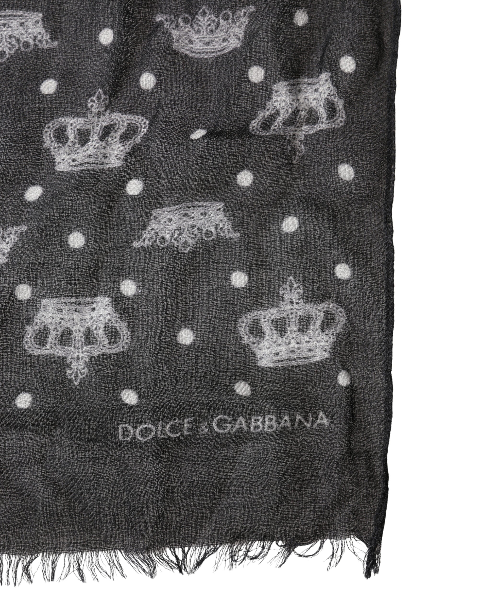 Dolce & Gabbana Black Wool Crown Print Fringe Neck Wrap 180cm x 65cm Scarf