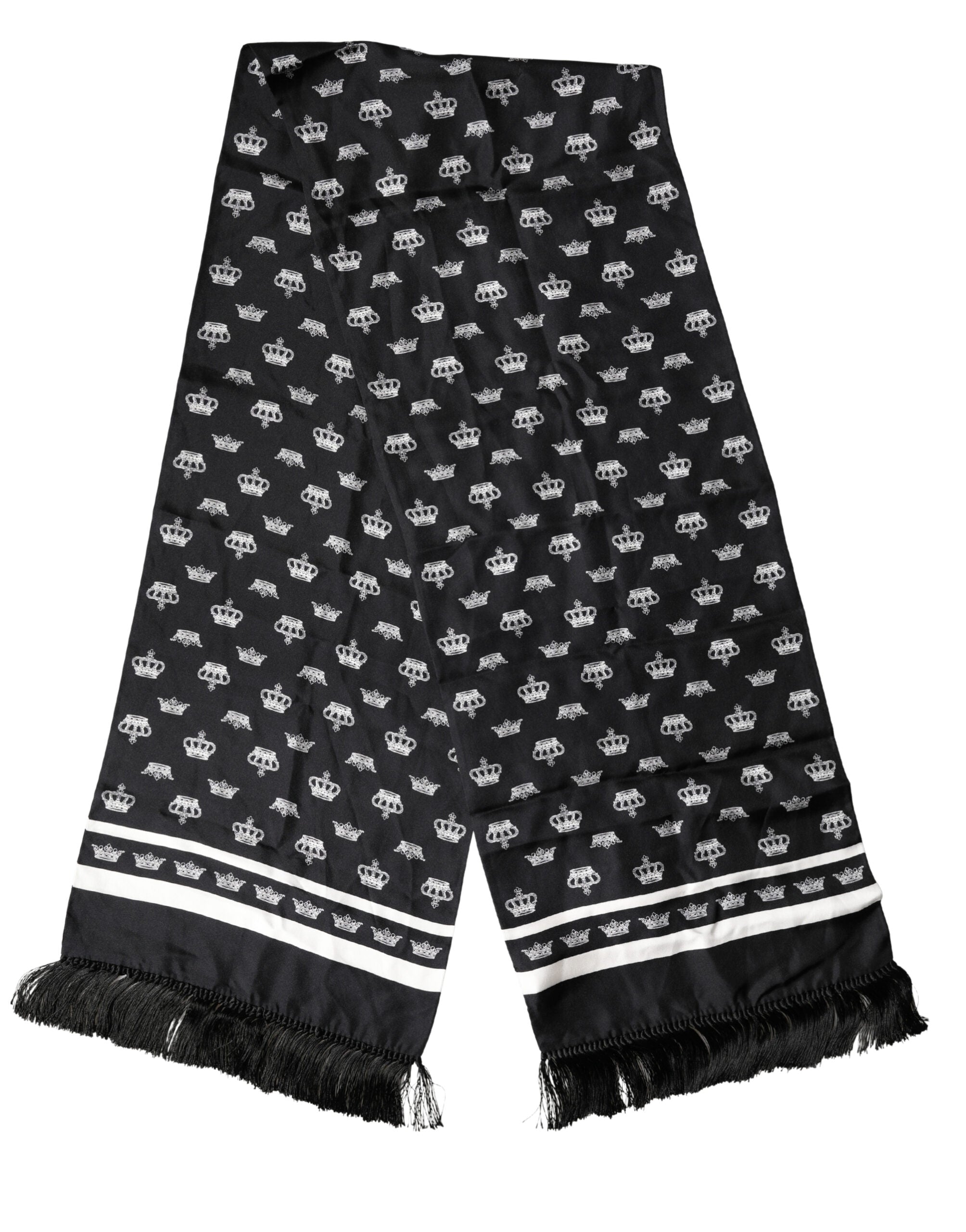 New Dolce & Gabbana Black Silk Crown Fringe Neck Wrap 173cm x 32.5cm Scarf
