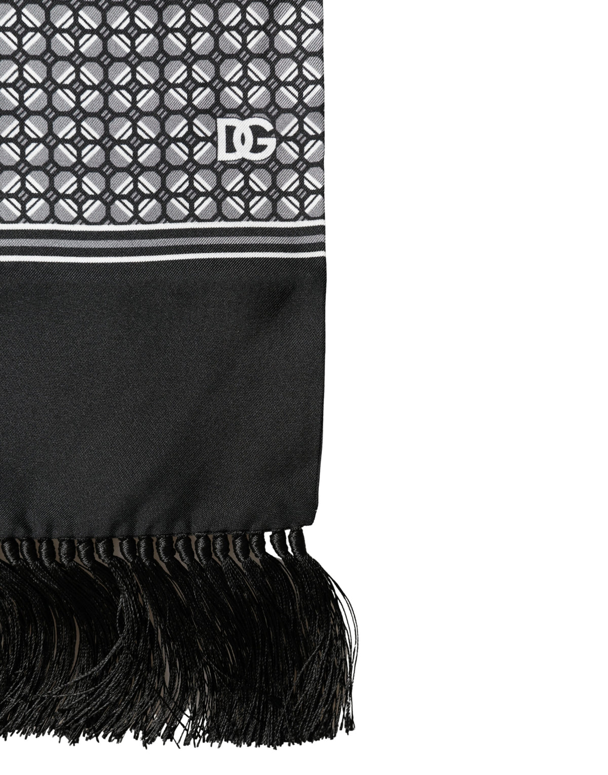 Dolce & Gabbana Black Silk Geometric Fringed Foulard 140cm x 15cm Scarf