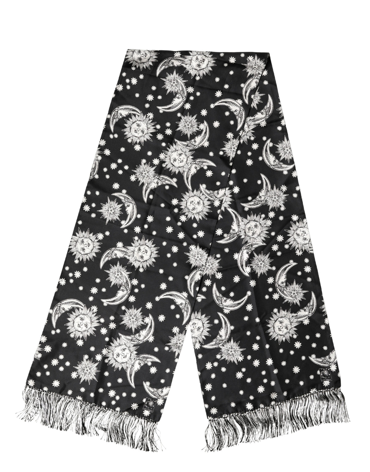 New Dolce & Gabbana Black Silk Sun Moon Star Fringe Foulard 178cm X 33cm Scarf