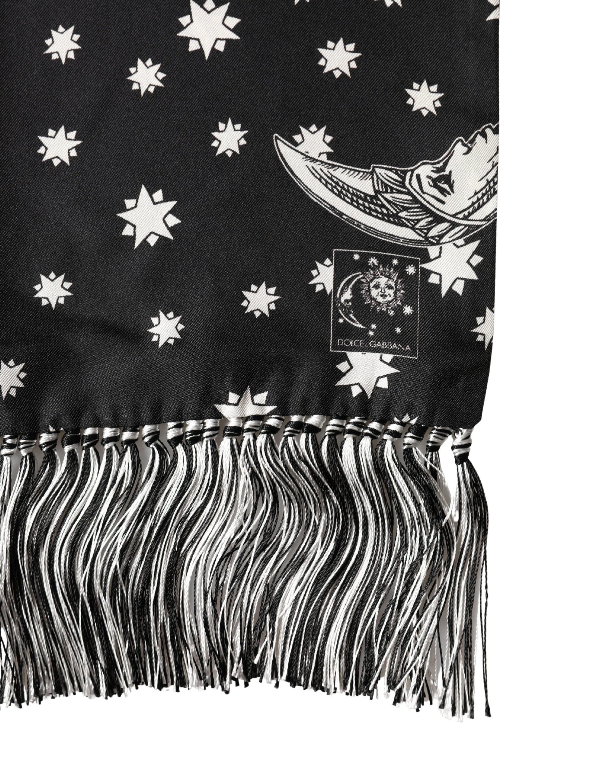 New Dolce & Gabbana Black Silk Sun Moon Star Fringe Foulard 178cm X 33cm Scarf