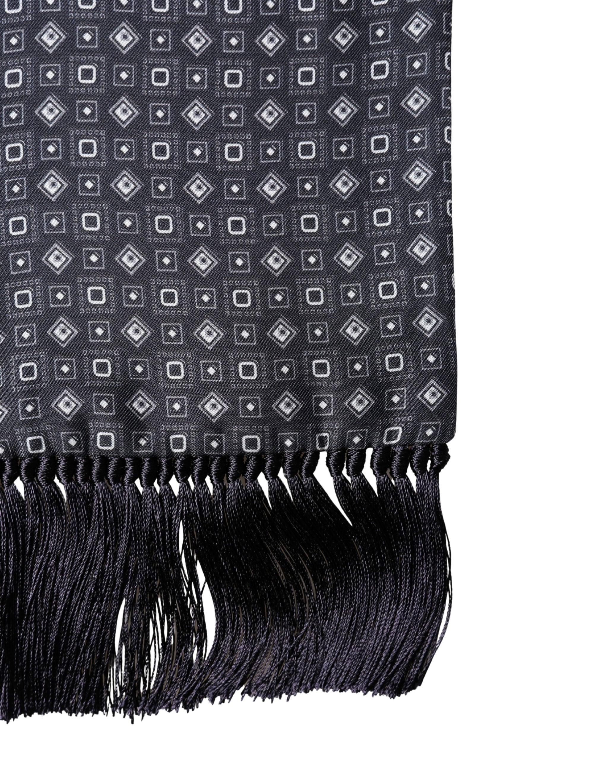 Dolce & Gabbana Black Silk Geometric Fringe Wrap Foulard 136cm X 15cm Scarf