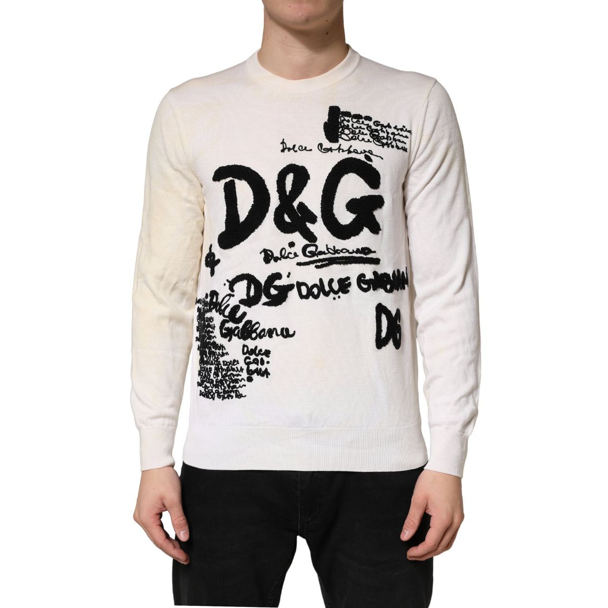 Dolce & Gabbana White Virgin Wool Graphic Logo Crewneck Sweater