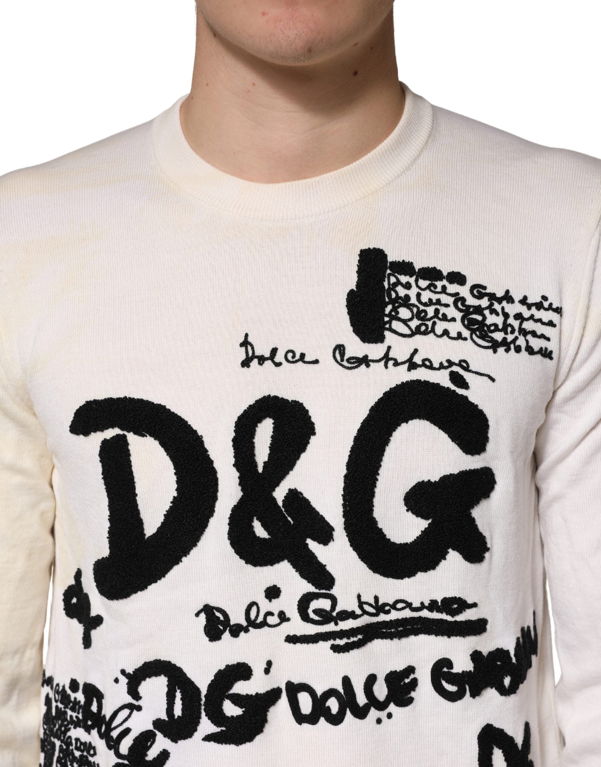 Dolce & Gabbana White Virgin Wool Graphic Logo Crewneck Sweater