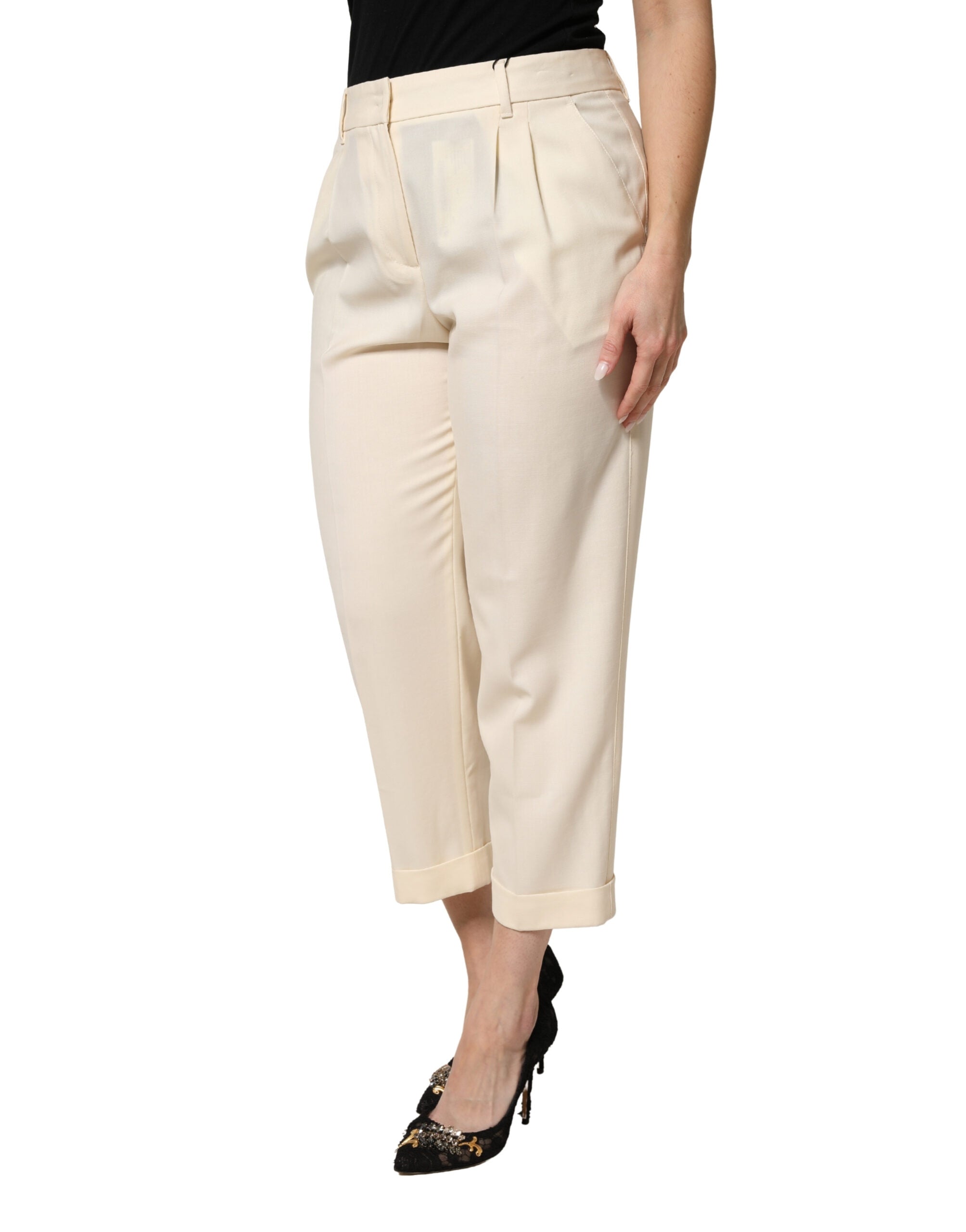 New Dolce & Gabbana Ivory Wool Mid Waist Cropped Trouser Pants