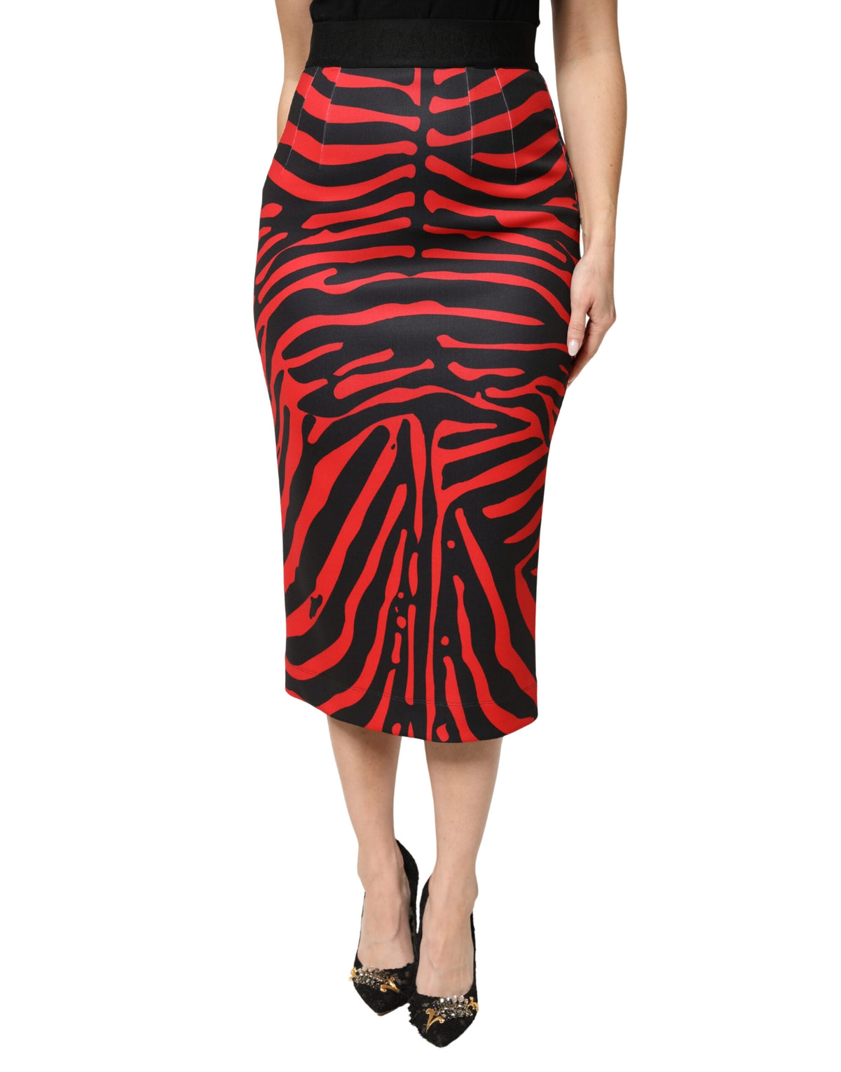 New Dolce & Gabbana Red Black Zebra Print Pencil Midi Skirt