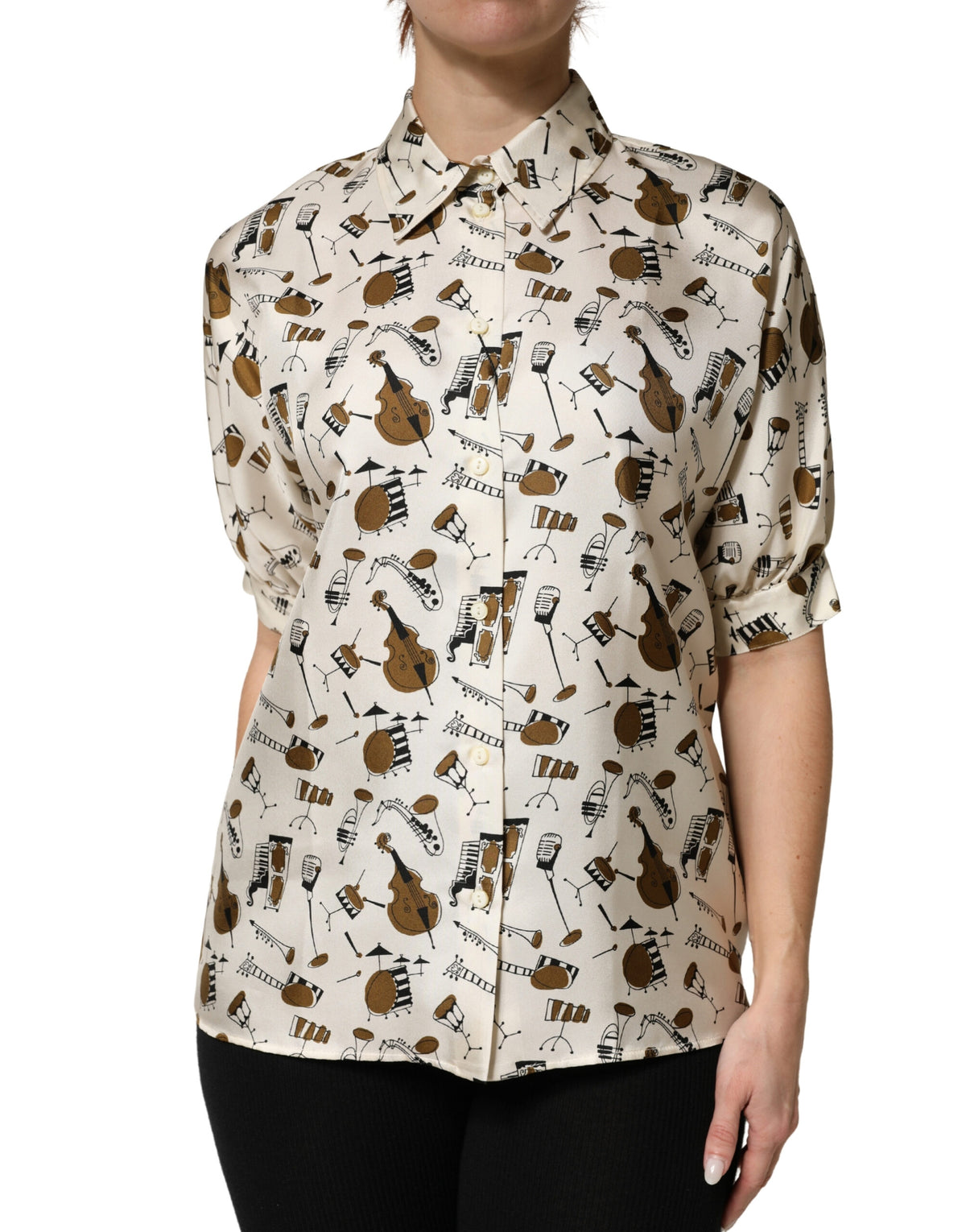 New Dolce & Gabbana Beige Musical Instrument Print Short Sleeve Top