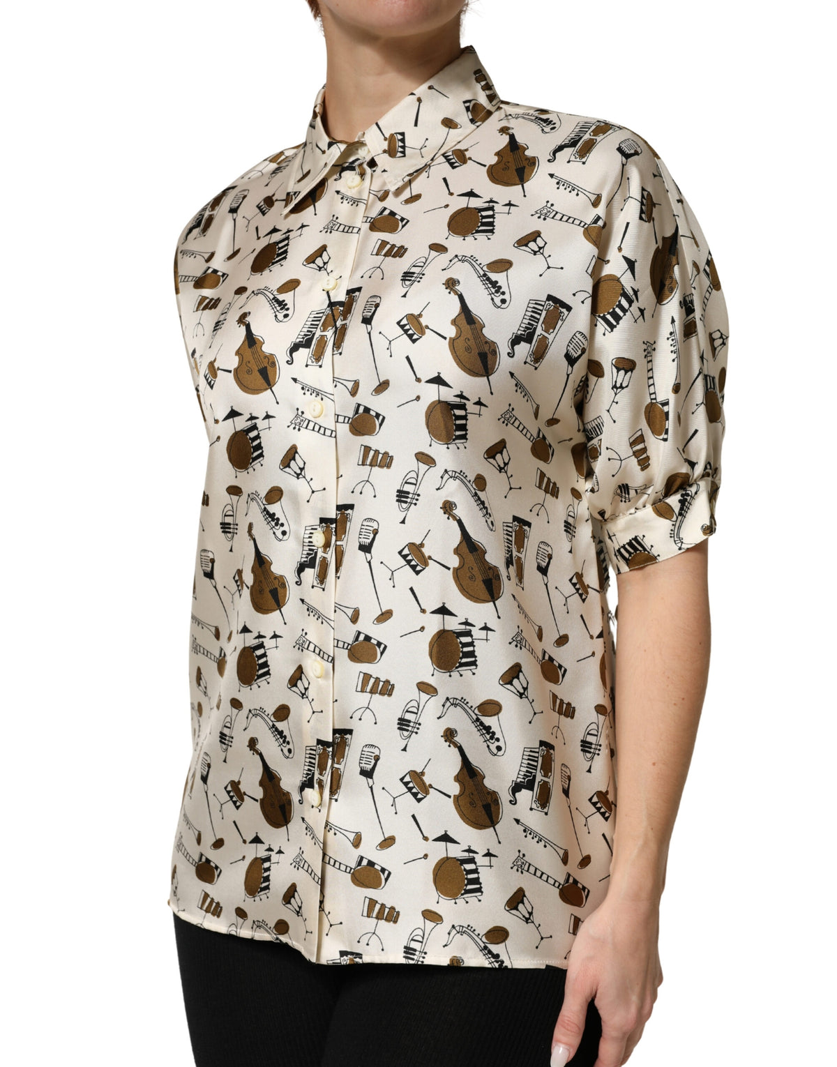 New Dolce & Gabbana Beige Musical Instrument Print Short Sleeve Top