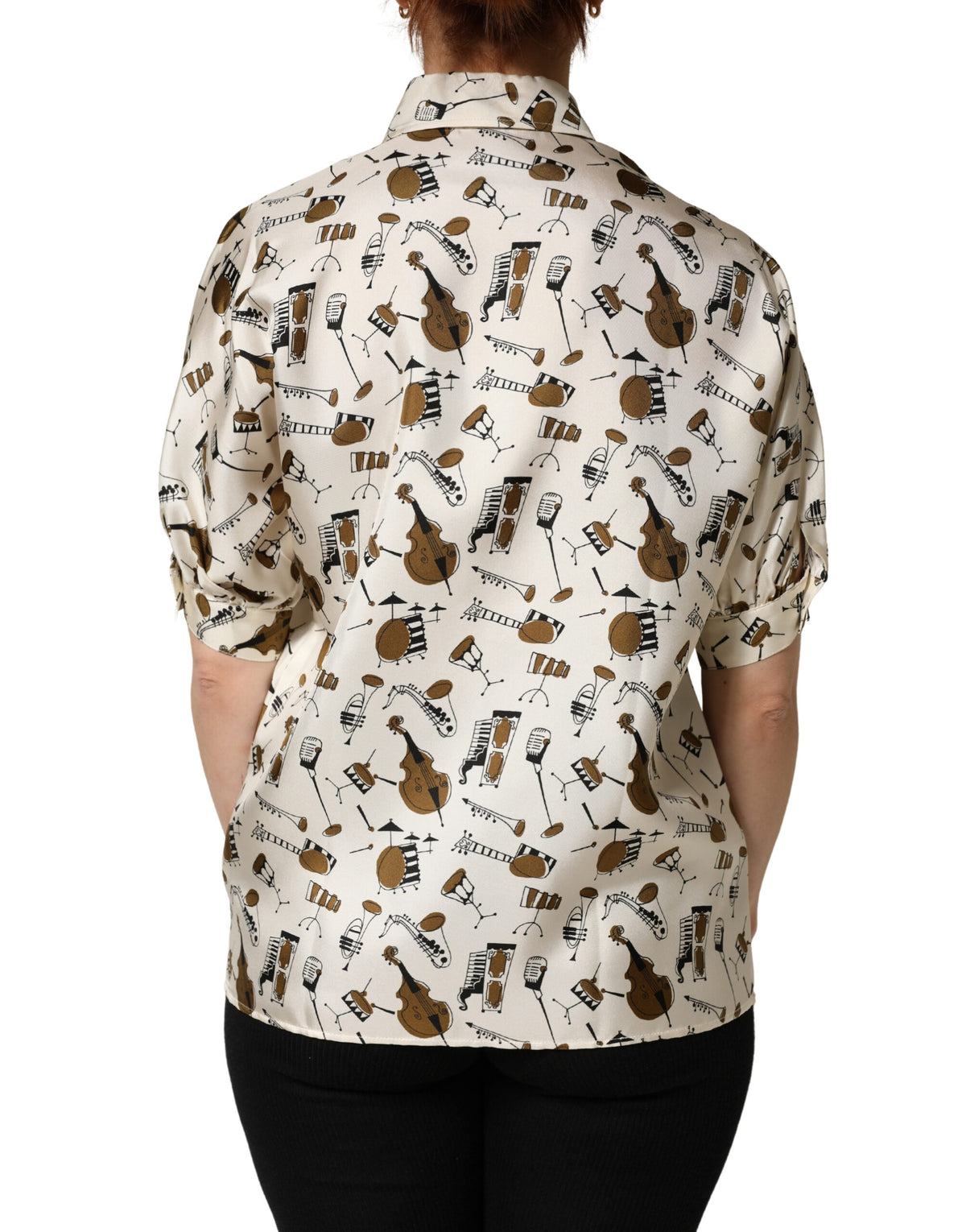 New Dolce & Gabbana Beige Musical Instrument Print Short Sleeve Top