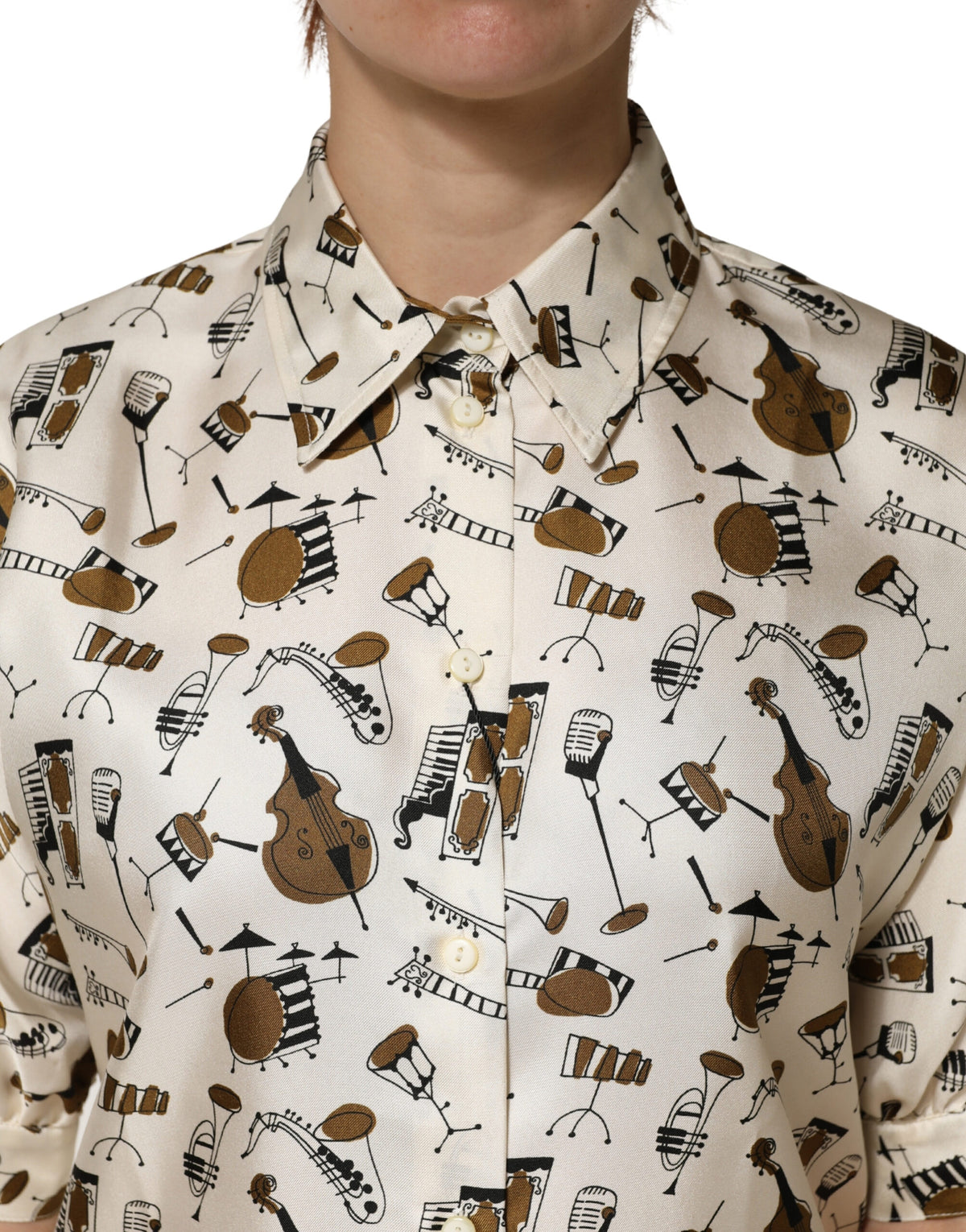 New Dolce & Gabbana Beige Musical Instrument Print Short Sleeve Top