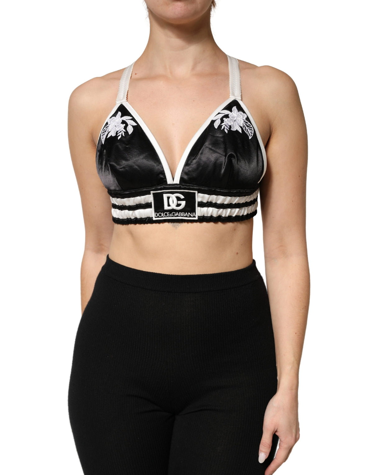 New Dolce & Gabbana Black Floral Silk Satin Crop Logo Bralette Top