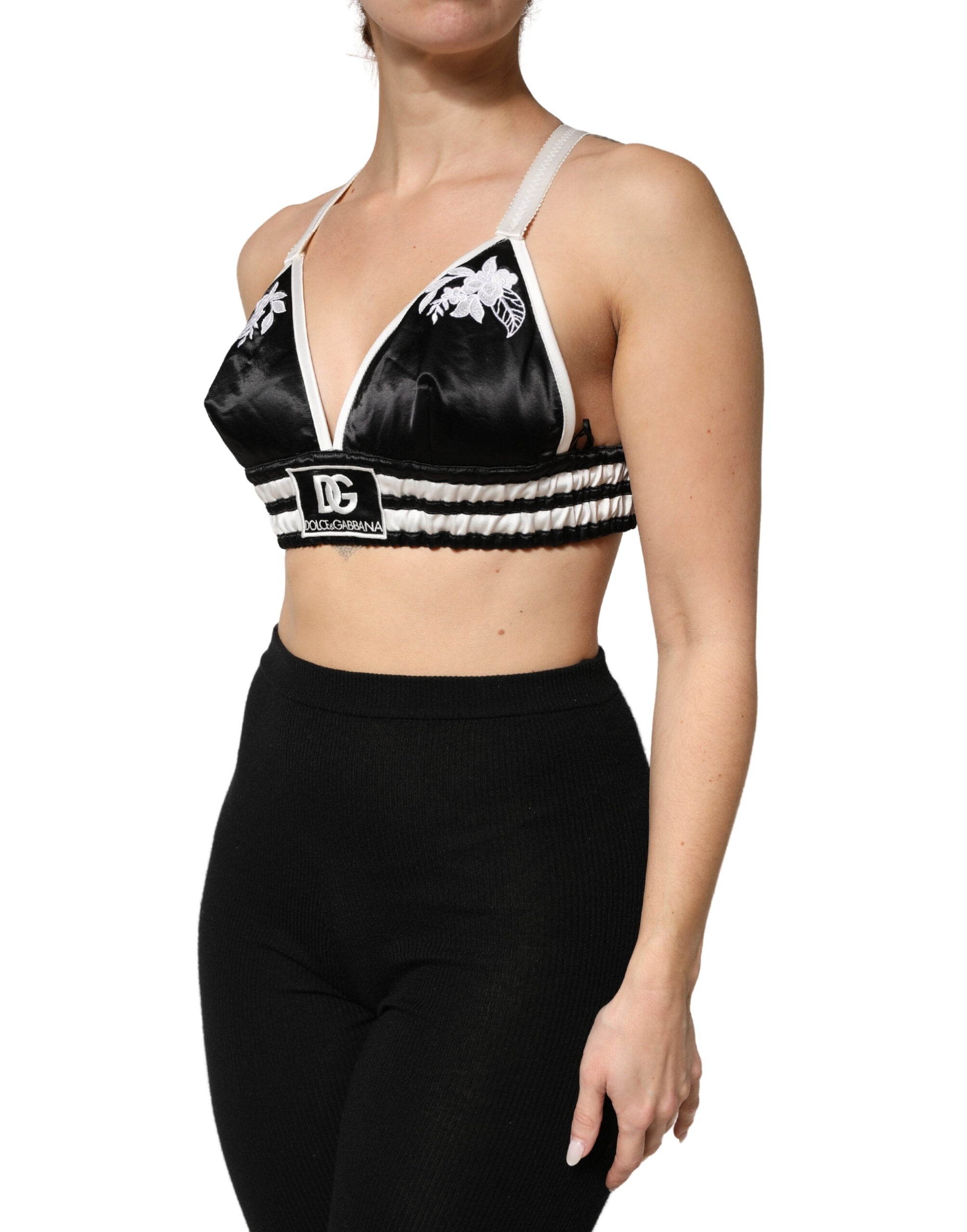 New Dolce & Gabbana Black Floral Silk Satin Crop Logo Bralette Top