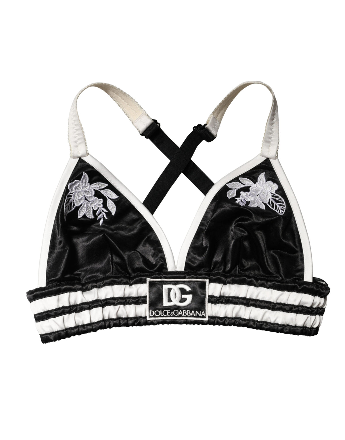 New Dolce & Gabbana Black Floral Silk Satin Crop Logo Bralette Top