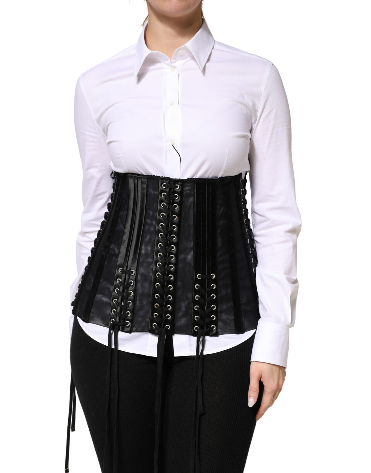 New Dolce & Gabbana Black Lace-Up Waist Cincher Bustier Corset Top