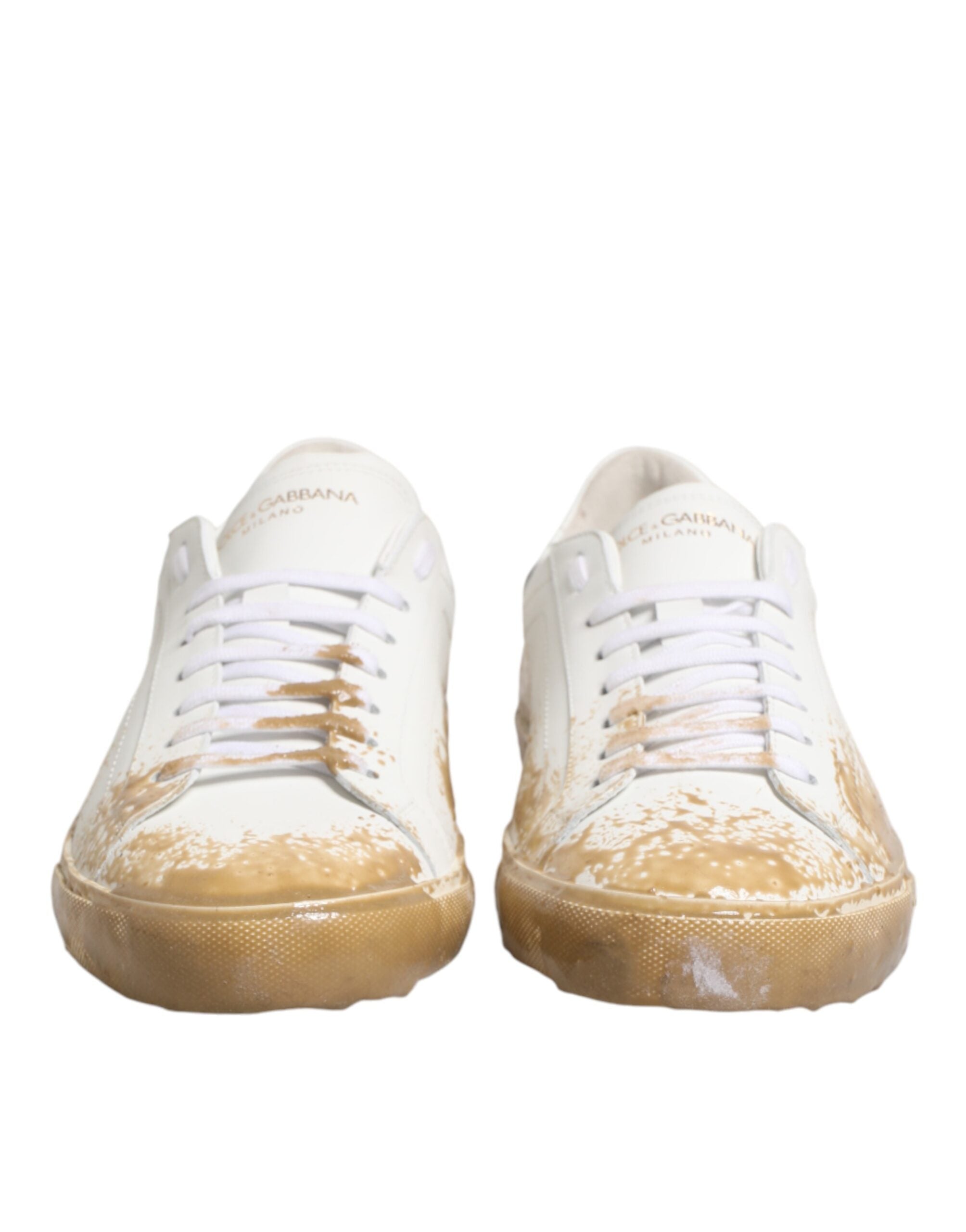 Dolce & Gabbana White Leather Paint Effect Low Top Sneakers Shoes