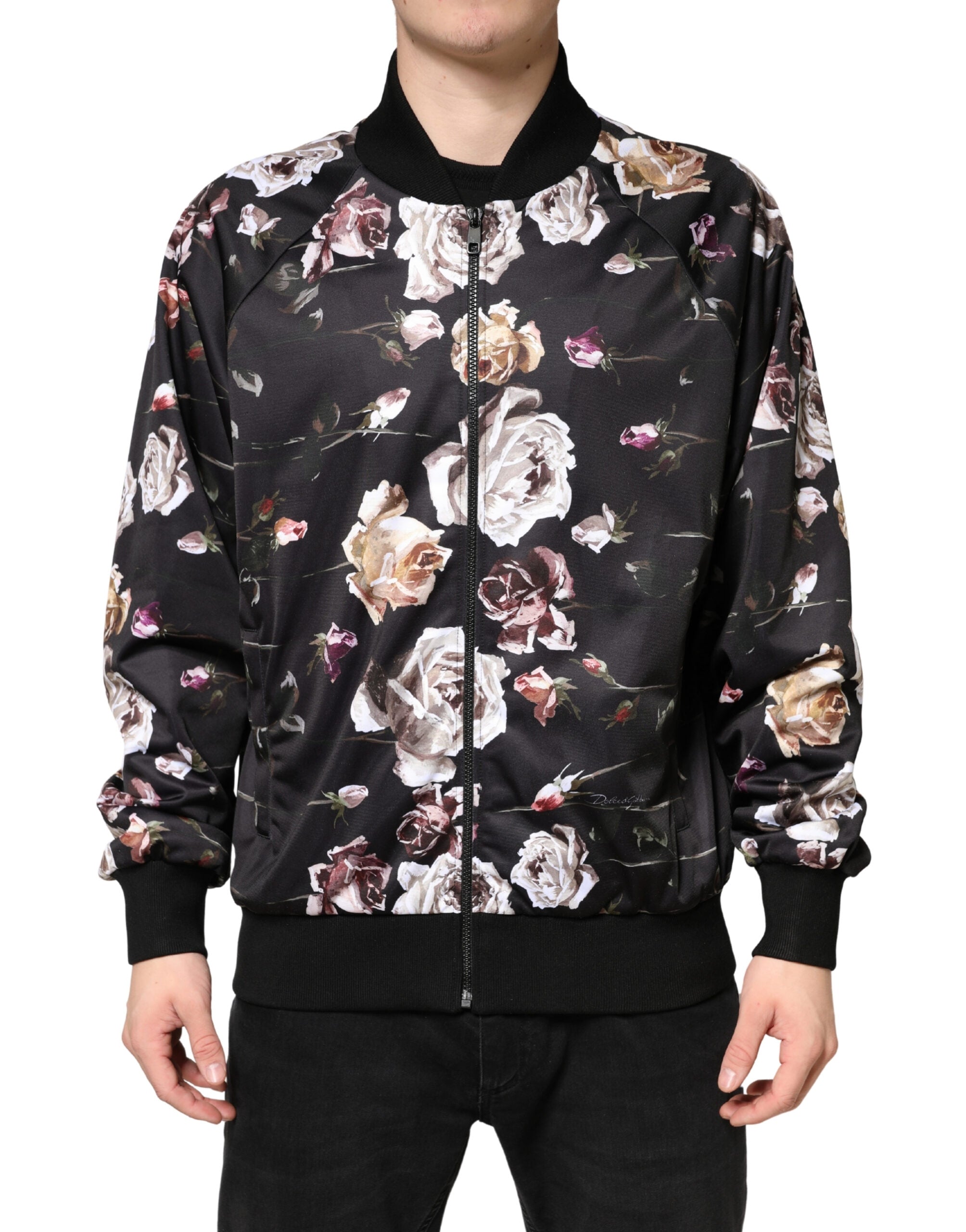 Dolce & Gabbana Black Floral Full Zip Bomber Jacket