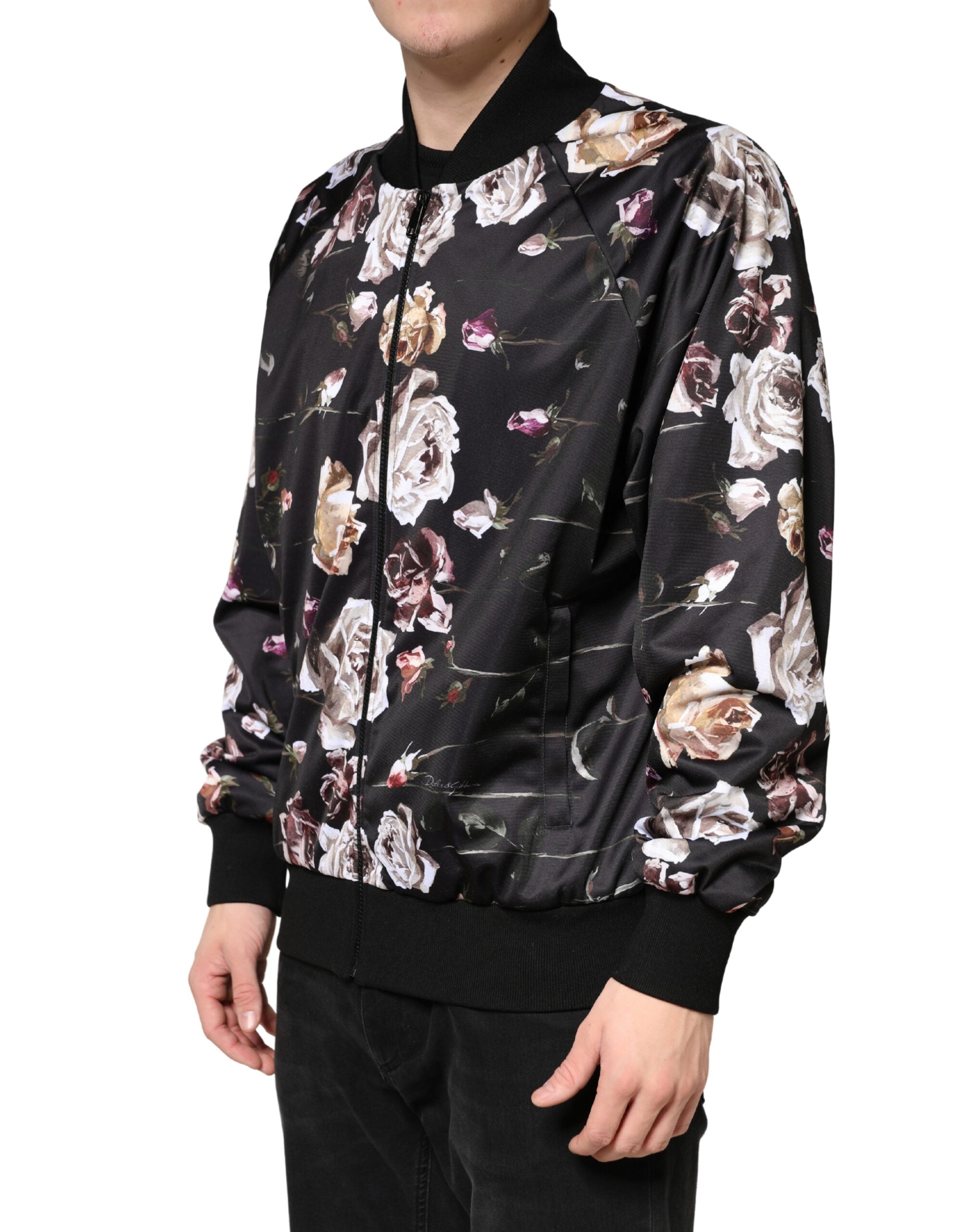 Dolce & Gabbana Black Floral Full Zip Bomber Jacket