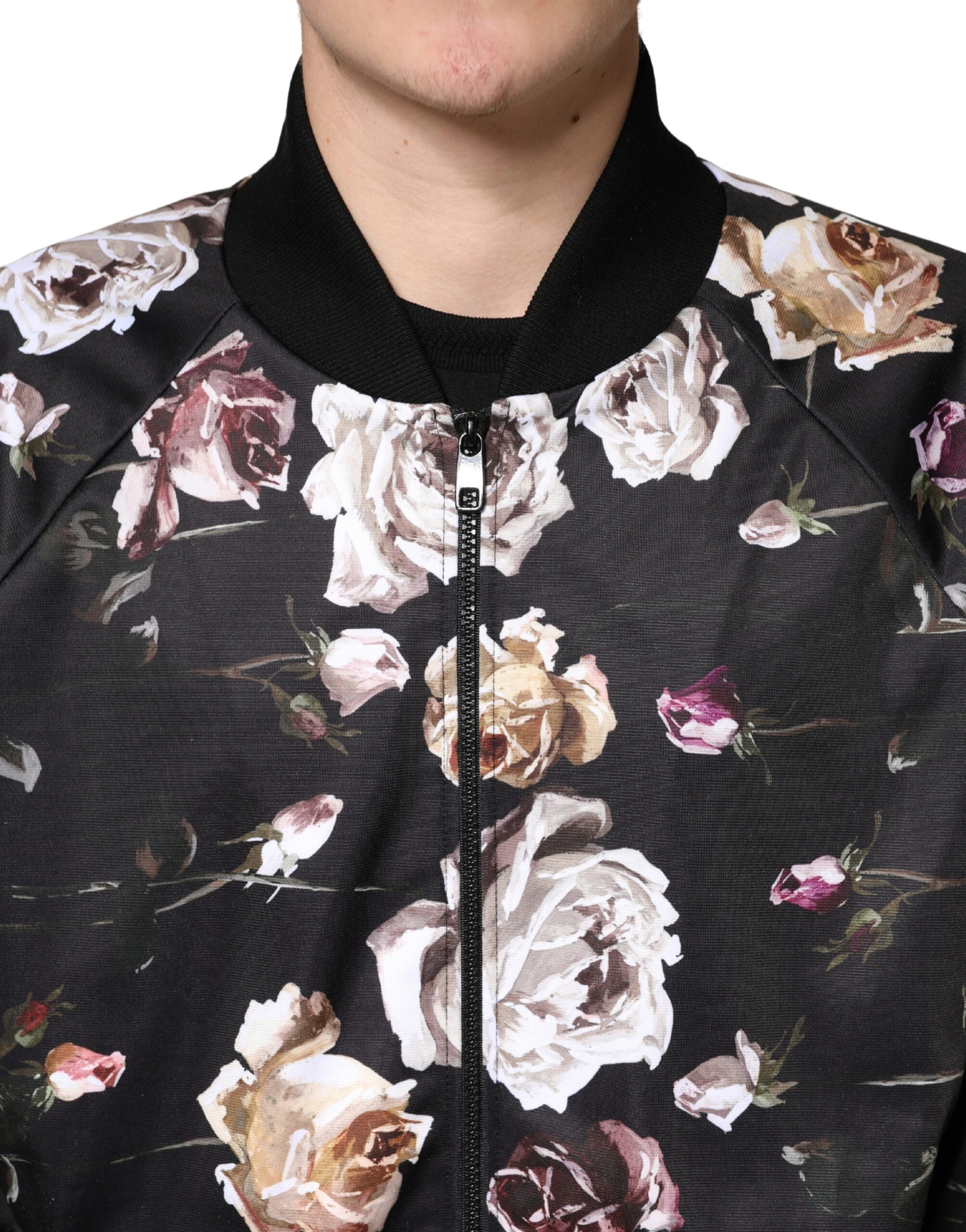 Dolce & Gabbana Black Floral Full Zip Bomber Jacket