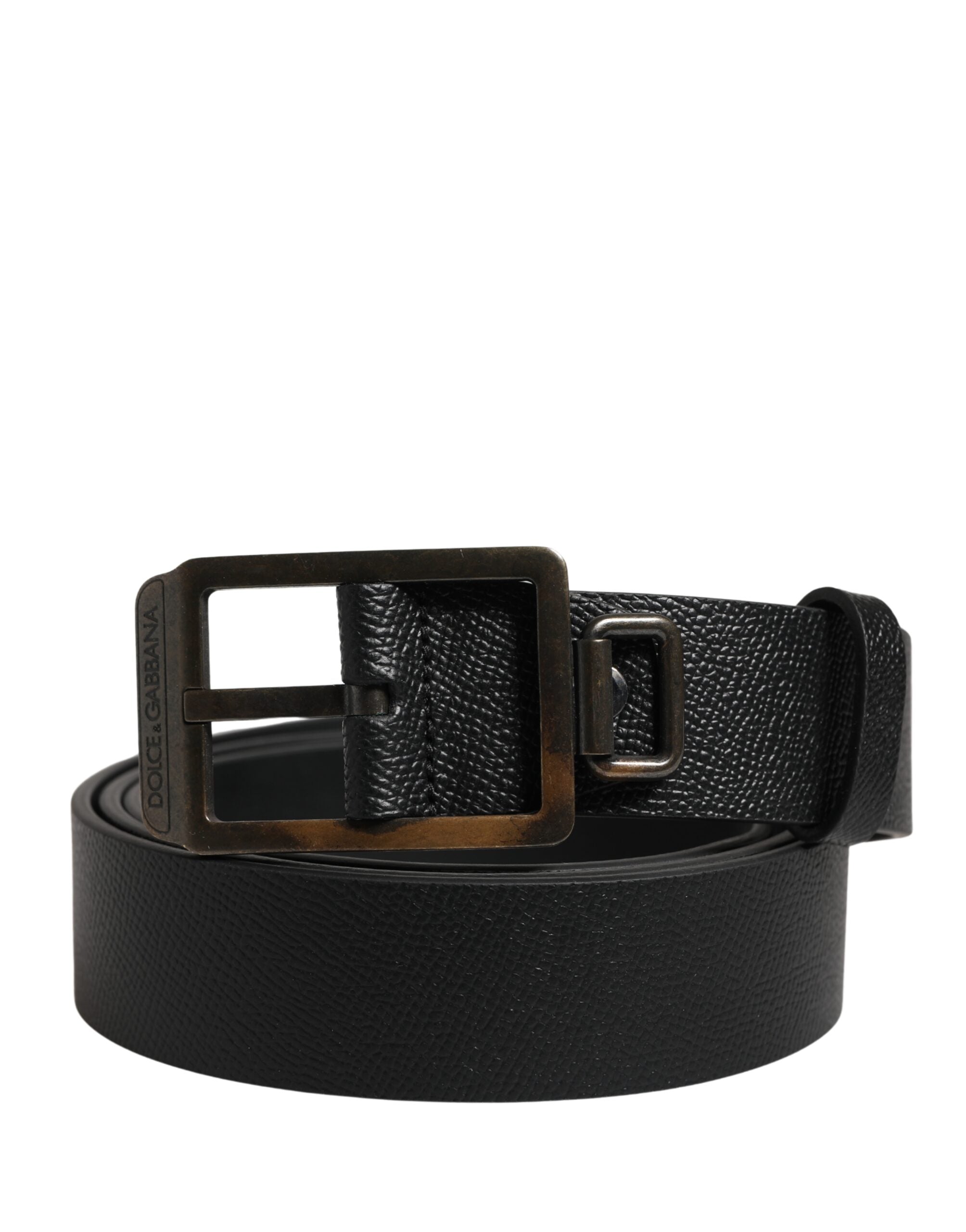 New Dolce & Gabbana Black Calf Leather Gold Metal Buckle Belt