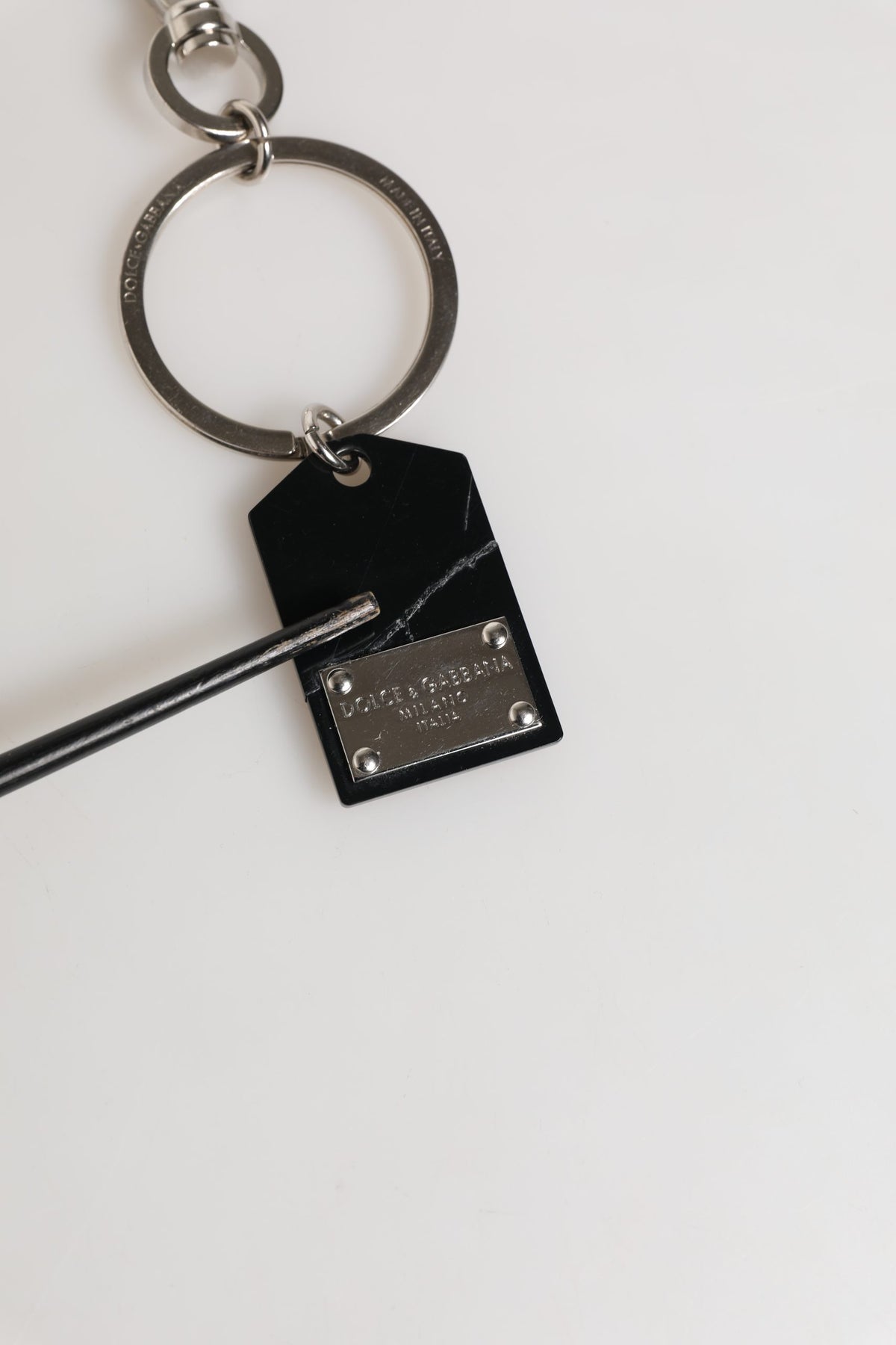 Dolce & Gabbana Black Silver Brass LogoPlaque Metal Ring Keyring Keychain