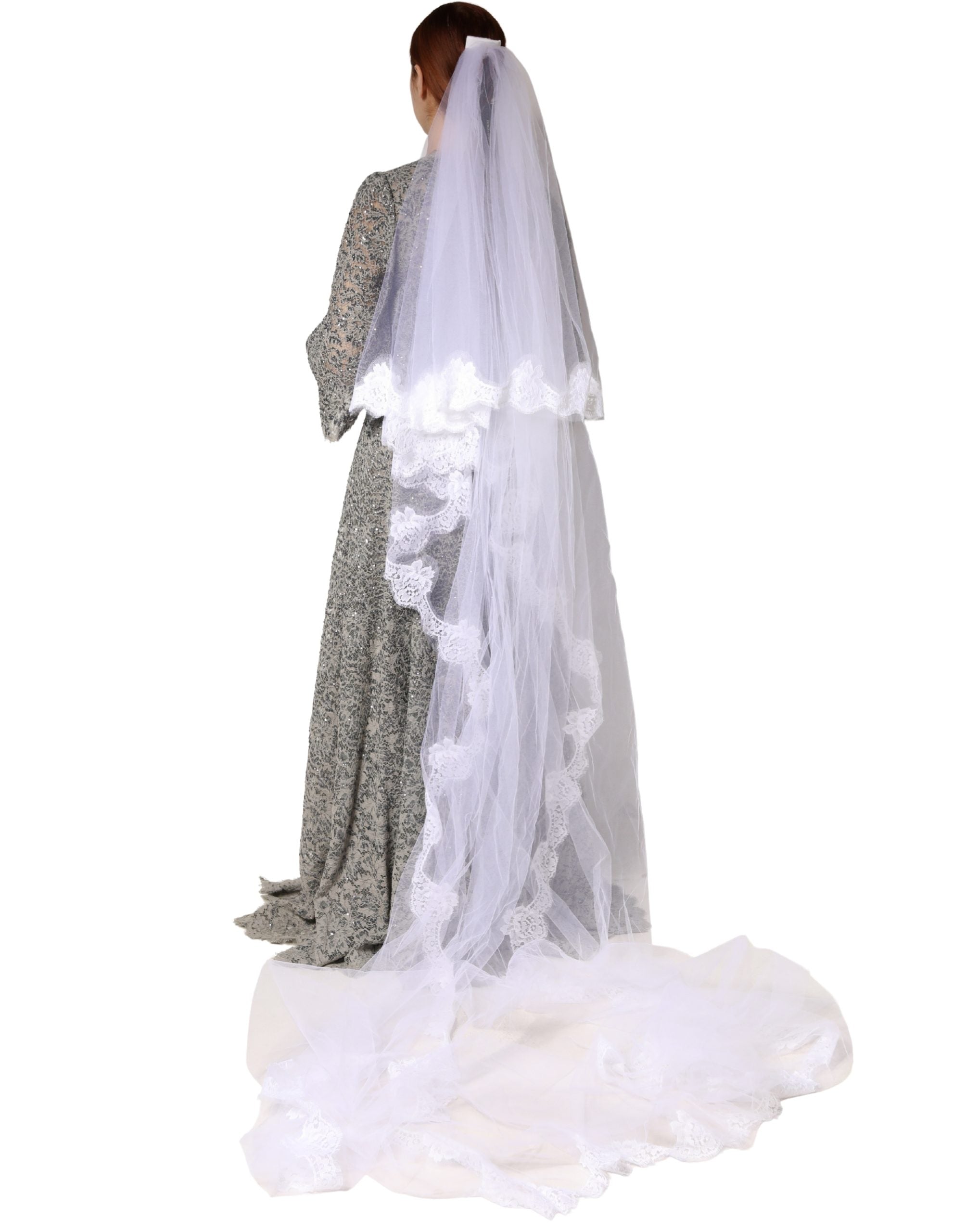 Dolce & Gabbana White Floral LaceNylon Floor Length 3M Long Veil