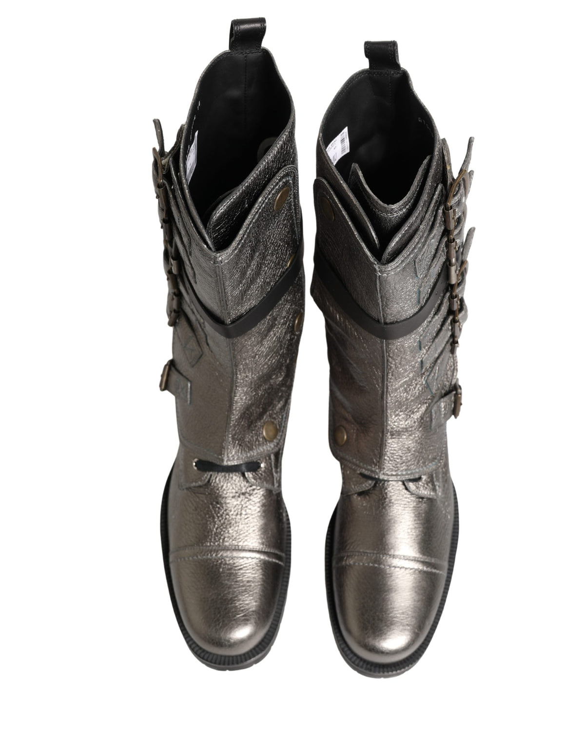 Pre-Owned Dolce & Gabbana Metallic Silver Combat Biker Mid Calf Boots Shoes Men's - Very Good