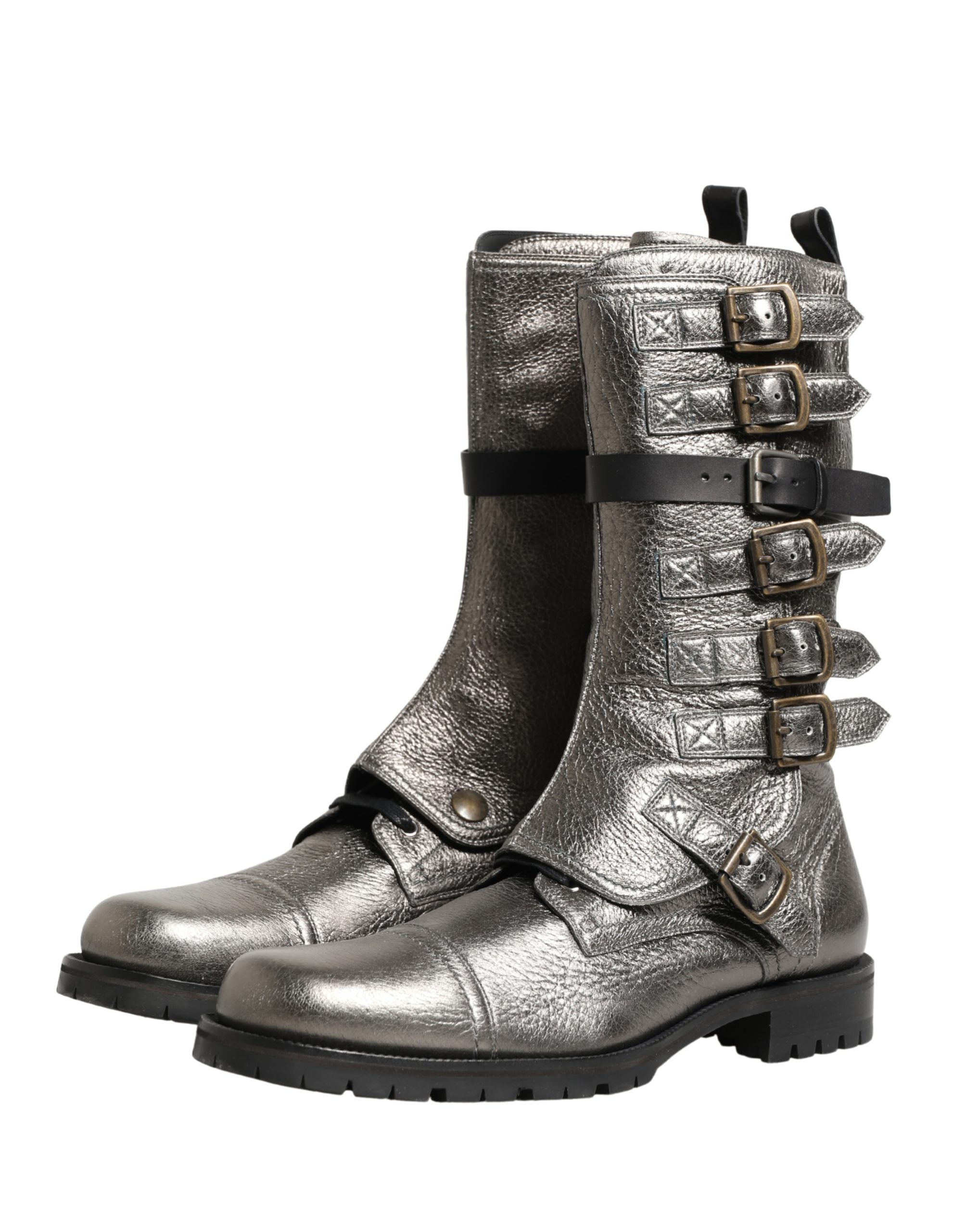 Pre-Owned Dolce & Gabbana Metallic Silver Combat Biker Mid Calf Boots Shoes