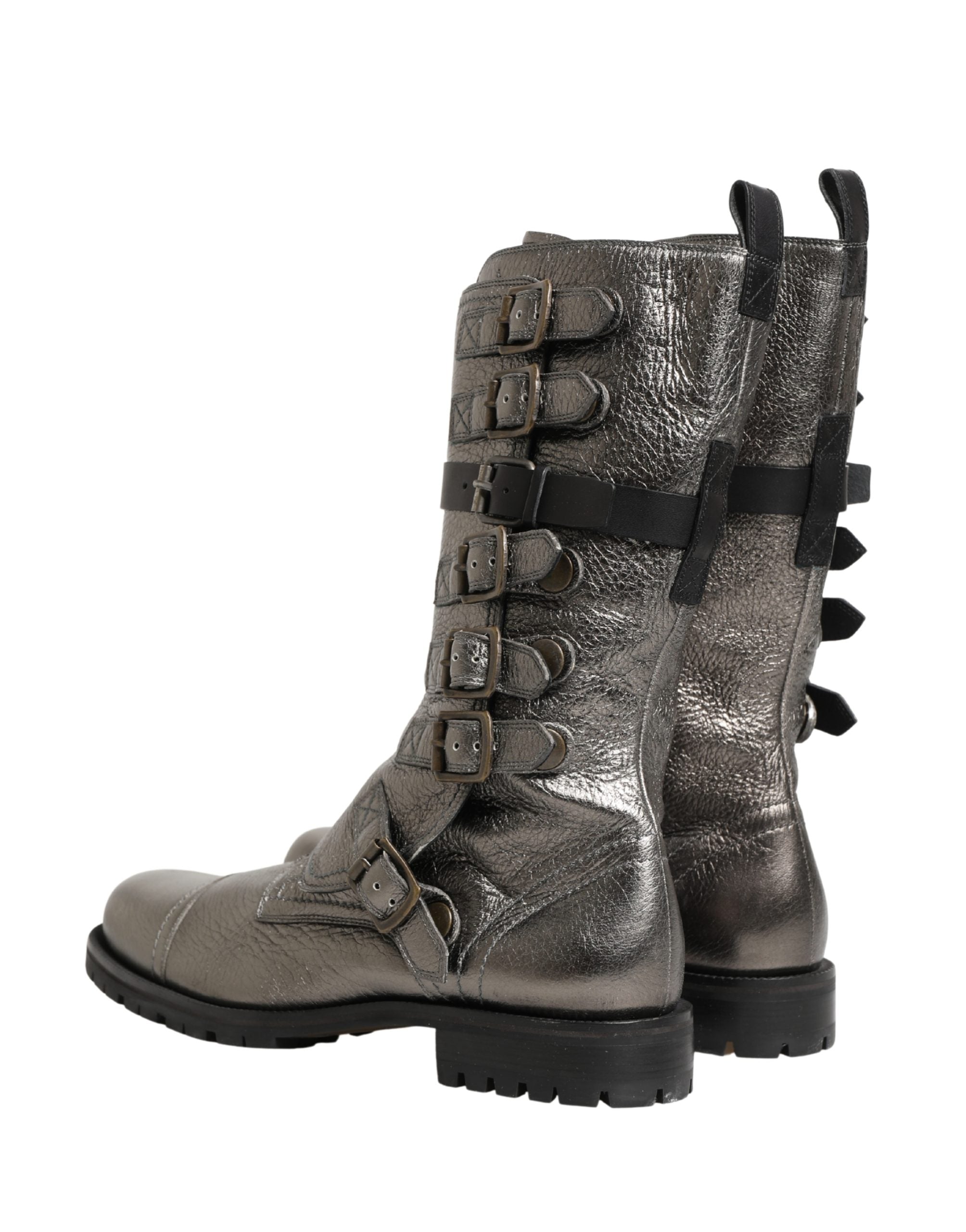 Pre-Owned Dolce & Gabbana Metallic Silver Combat Biker Mid Calf Boots Shoes