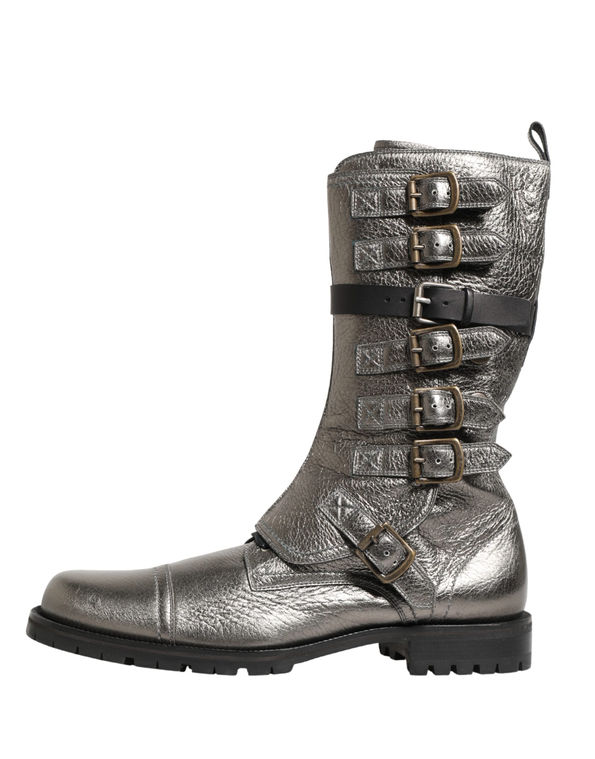 Pre-Owned Dolce & Gabbana Metallic Silver Combat Biker Mid Calf Boots Shoes