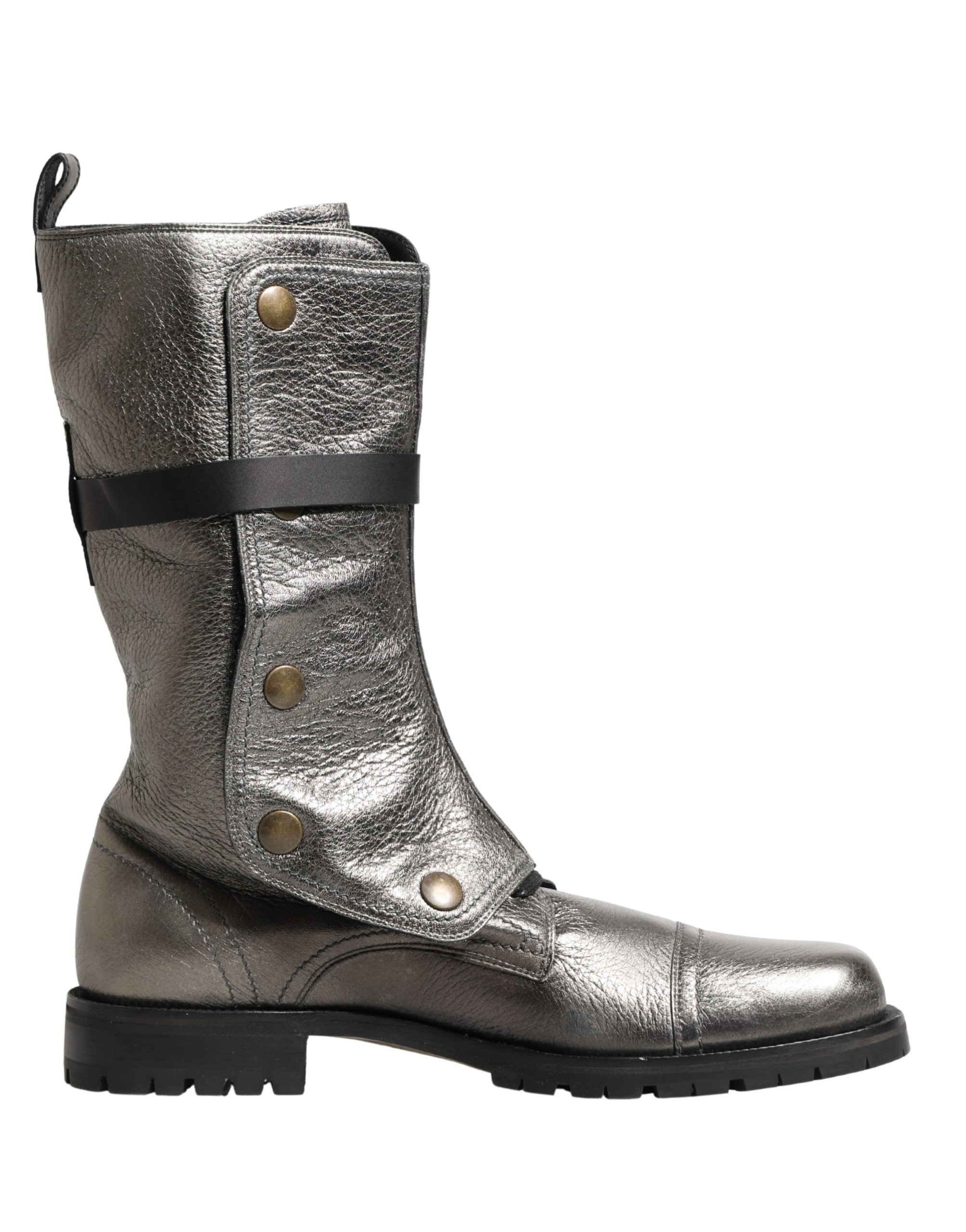 Pre-Owned Dolce & Gabbana Metallic Silver Combat Biker Mid Calf Boots Shoes