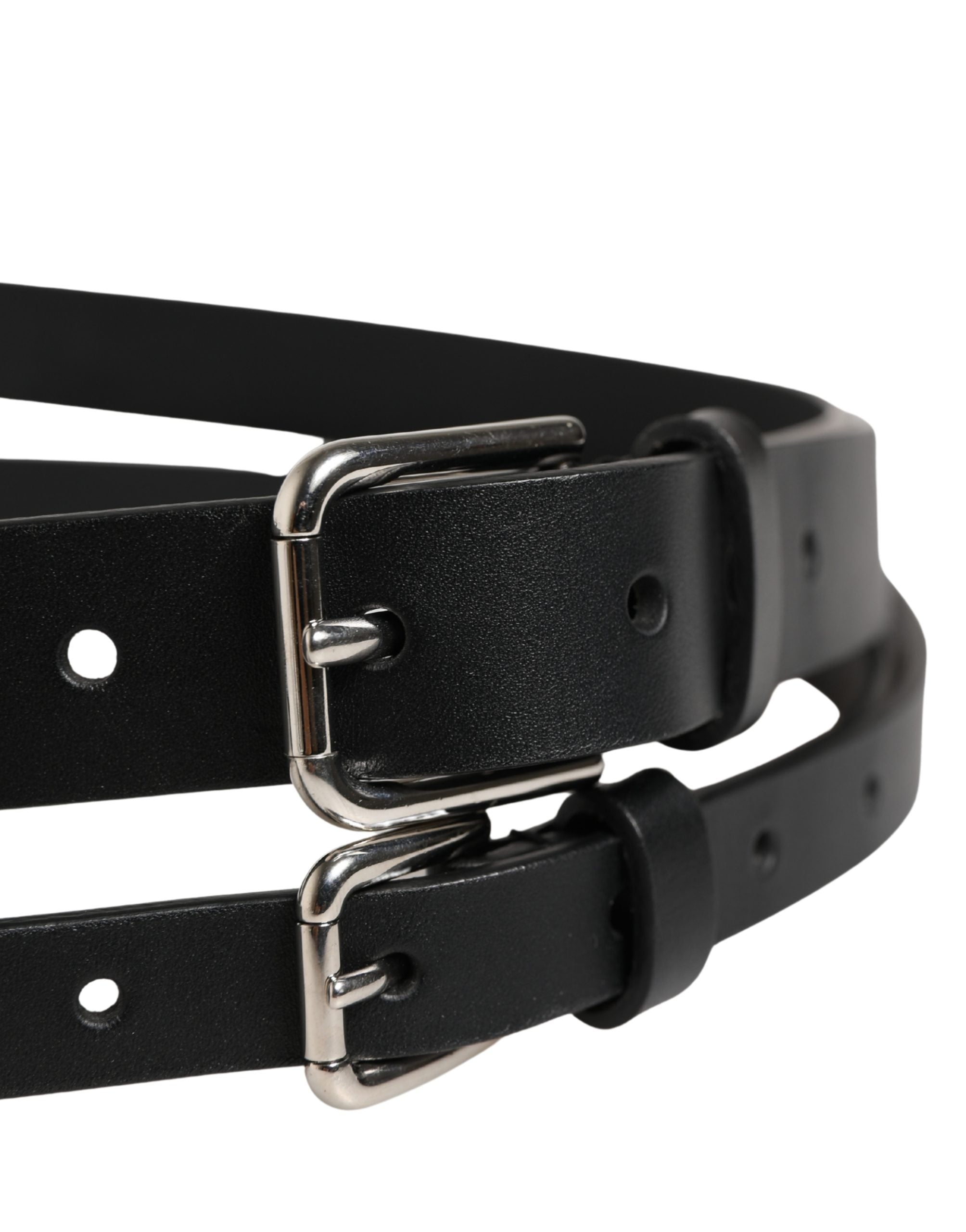 Pre-Owned Dolce & Gabbana Black Double Strap Leather Silver Buckle Belt