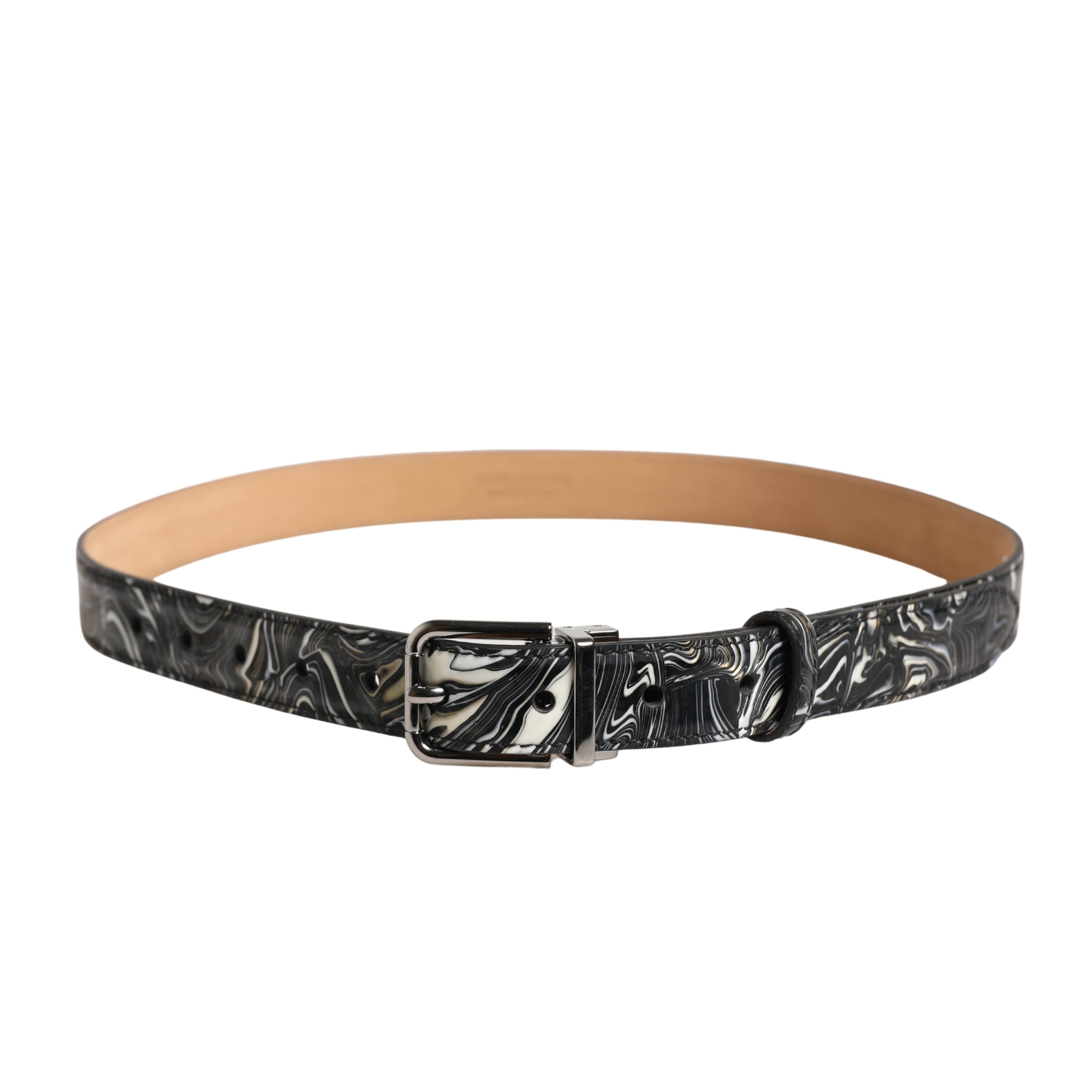 Dolce & Gabbana Men Black Marble Leather Metal Buckle Belt