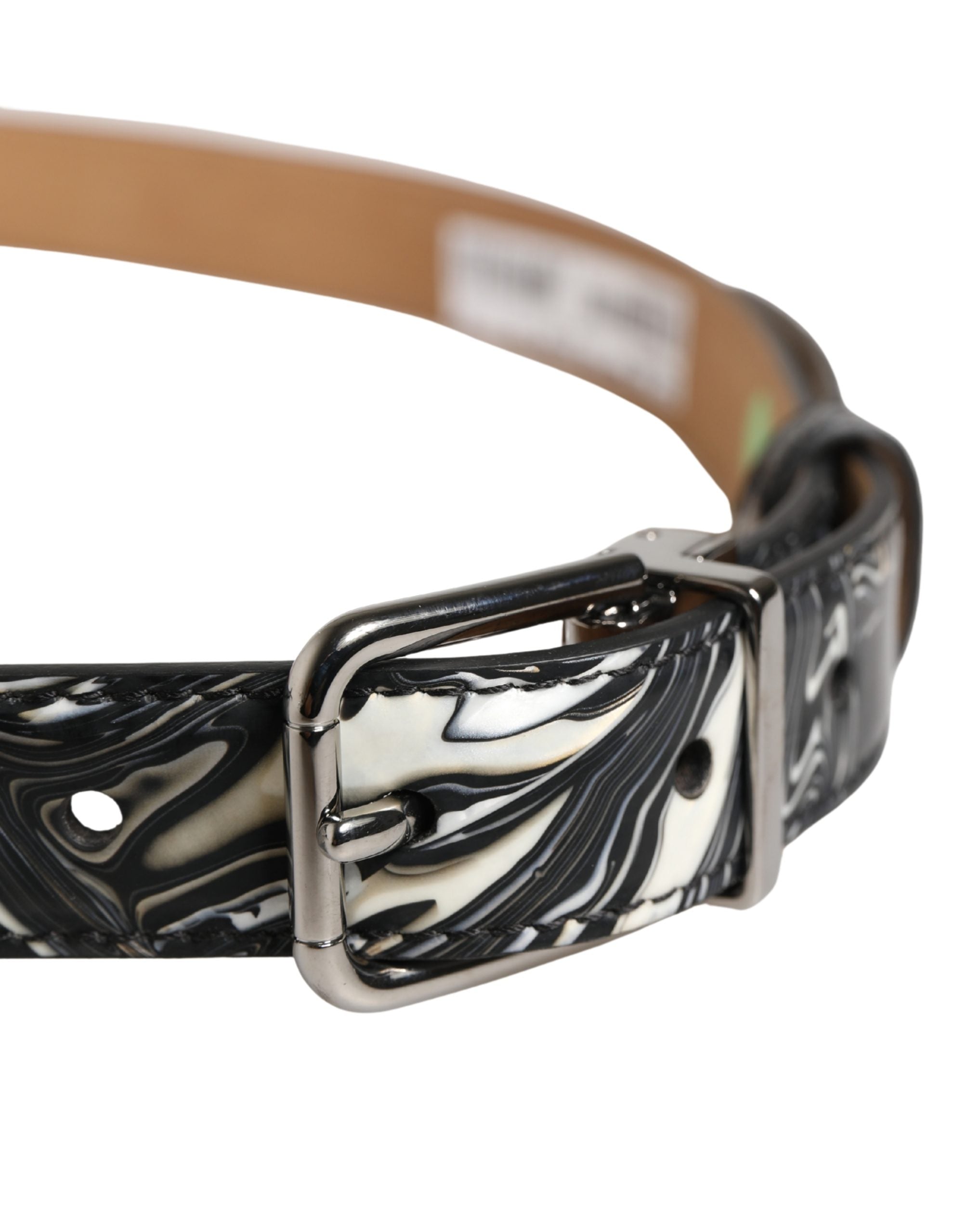 New Dolce & Gabbana Men Black Marble Leather Metal Buckle Belt