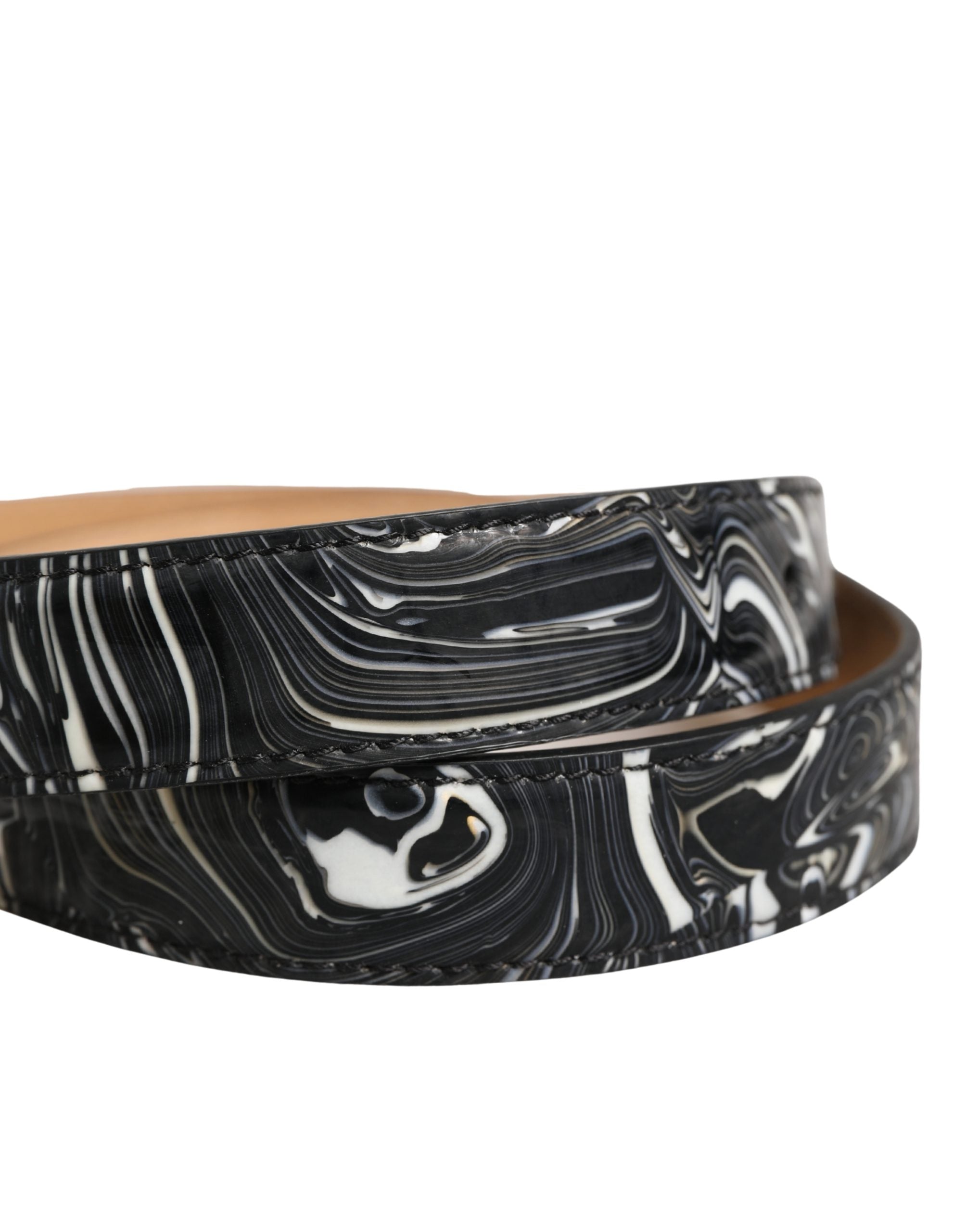 New Dolce & Gabbana Men Black Marble Leather Metal Buckle Belt
