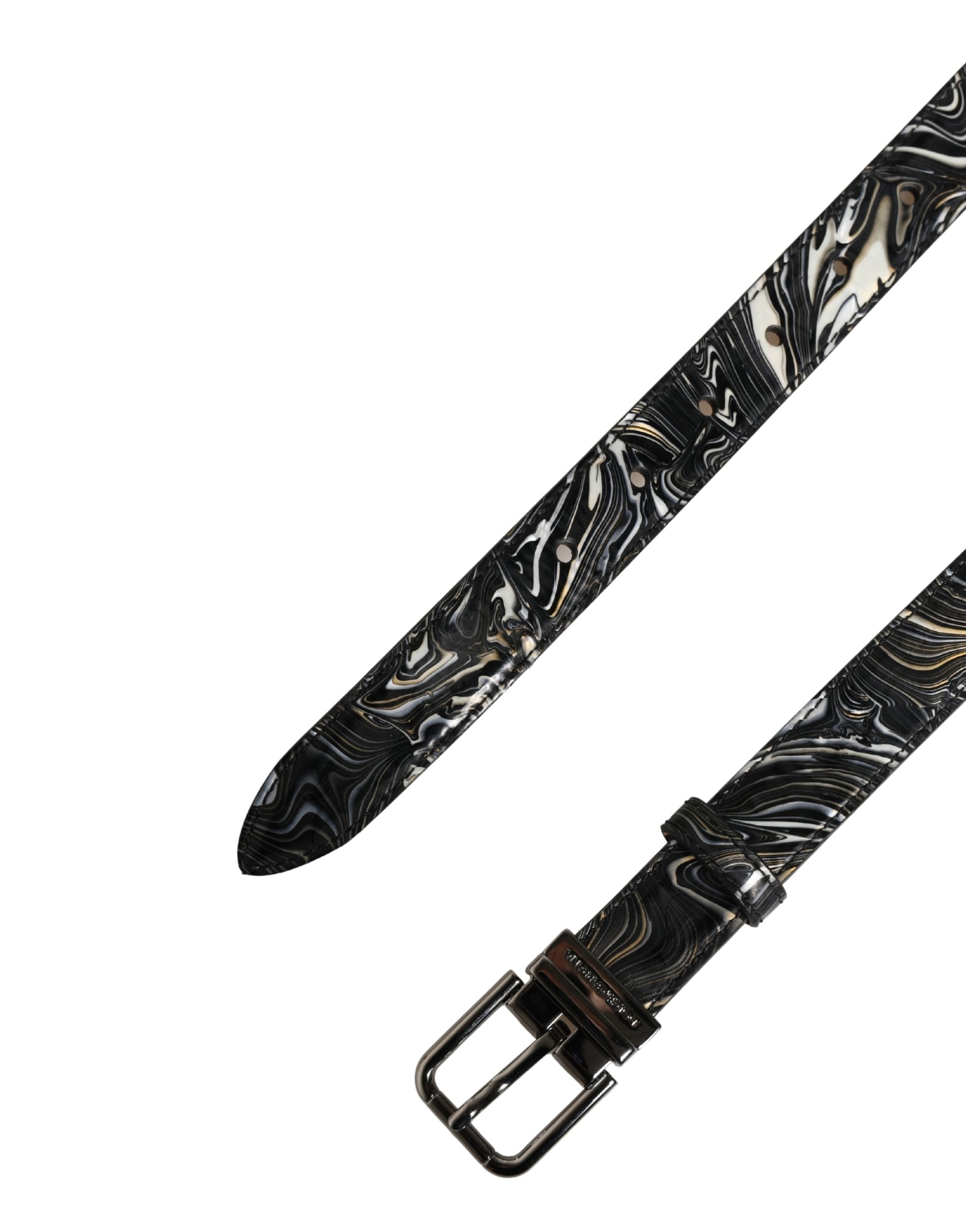 New Dolce & Gabbana Men Black Marble Leather Metal Buckle Belt