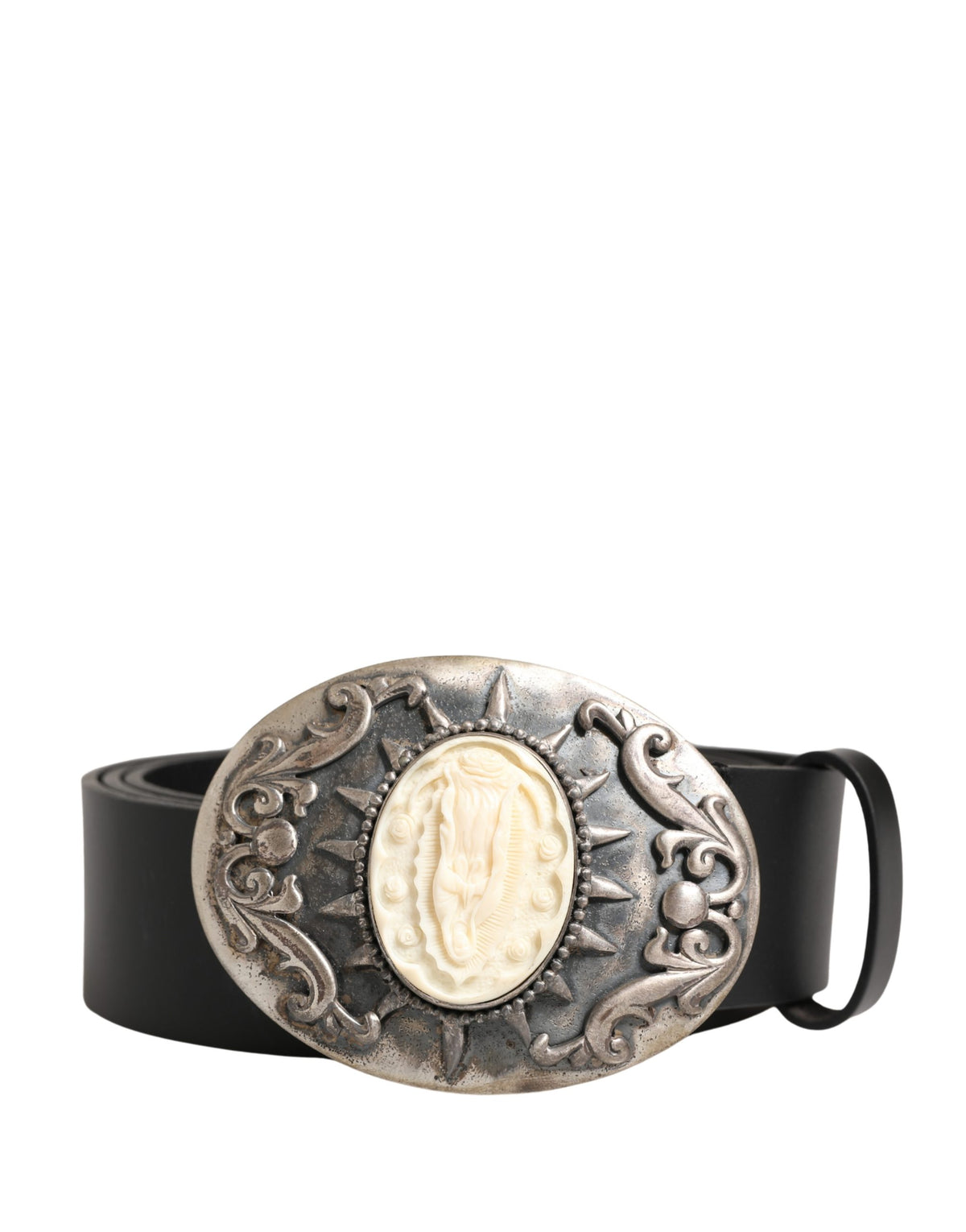Dolce & Gabbana Black Calf Leather Ornate Metal Buckle Belt