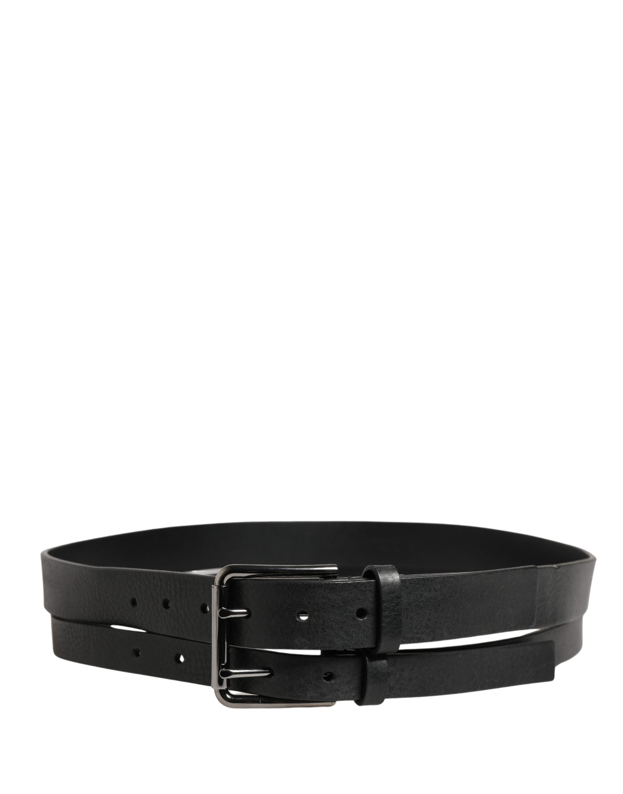 Pre-Owned Dolce & Gabbana Black Double Strap Leather Silver Buckle Belt